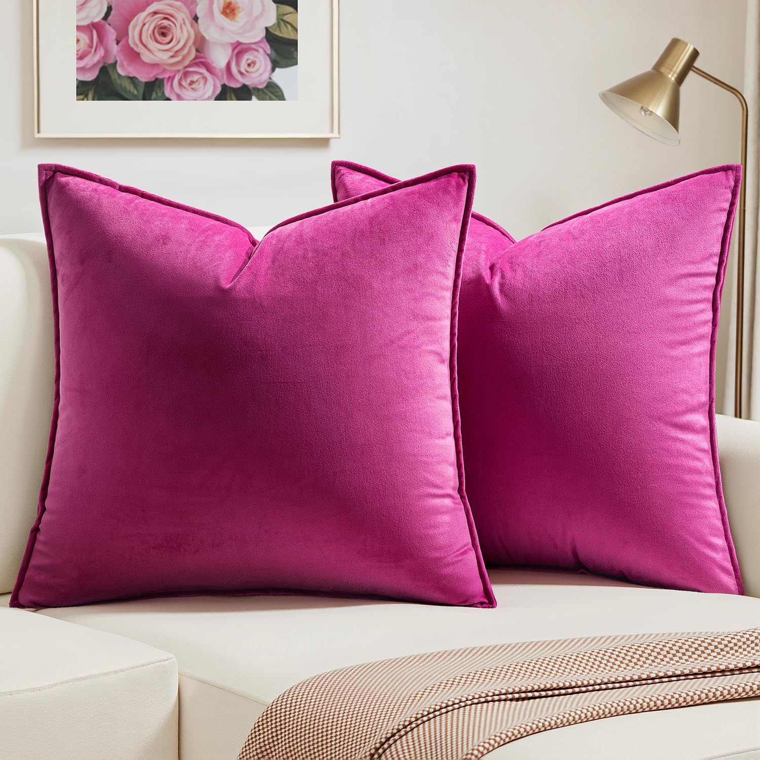 MIULEE Velvet Cushion Covers 45cm x 45cm Pink Decorative Square Throw Pillow Covers Flanges Pillowcases Soft for Livingroom Sofa Bedroom with Invisible Zipper 18 x 18 Inch Pack of 2