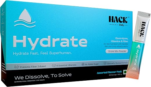 Hack Daily Hydrate Electrolyte Powder 28 Sachets, Zero Added Sugar Hydration Drink Mix with 6 Essential Electrolytes, Vita...