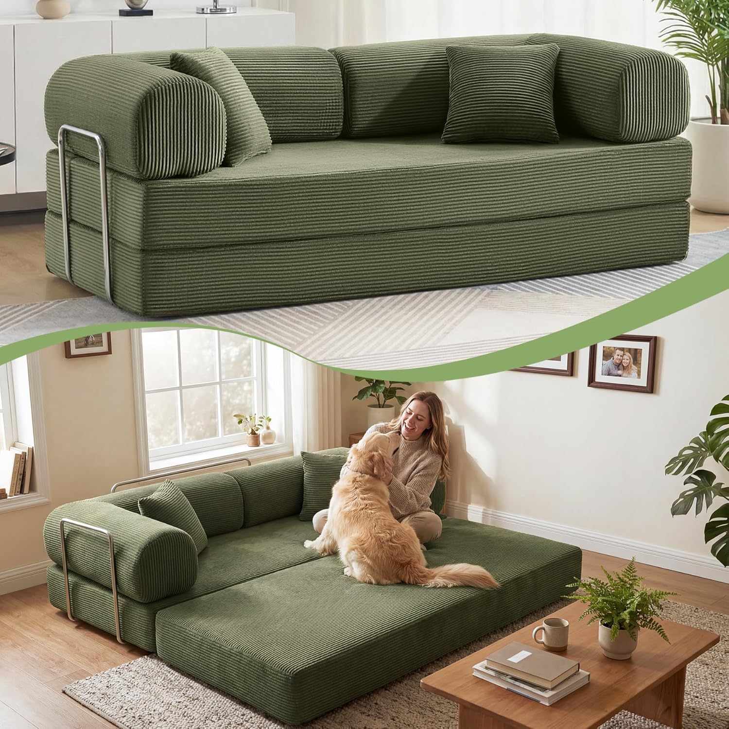 Sofa Bed, 79" Convertible Sleeper Sofa with Pull Out Bed, 5-in-1 Folding Corduroy Futon Couch, Modular Loveseat Sofa Bed for Living Room, Bedroom & Apartment, Green