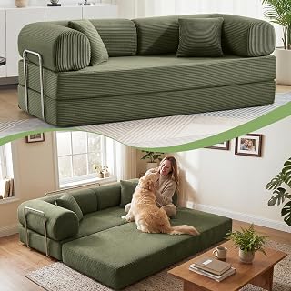 Sofa Bed, 79" Convertible Sleeper Sofa with Pull Out Bed, 5-in-1 Folding Corduroy Futon Couch, Modular Loveseat Sofa Bed for Living Room, Bedroom & Apartment, Green