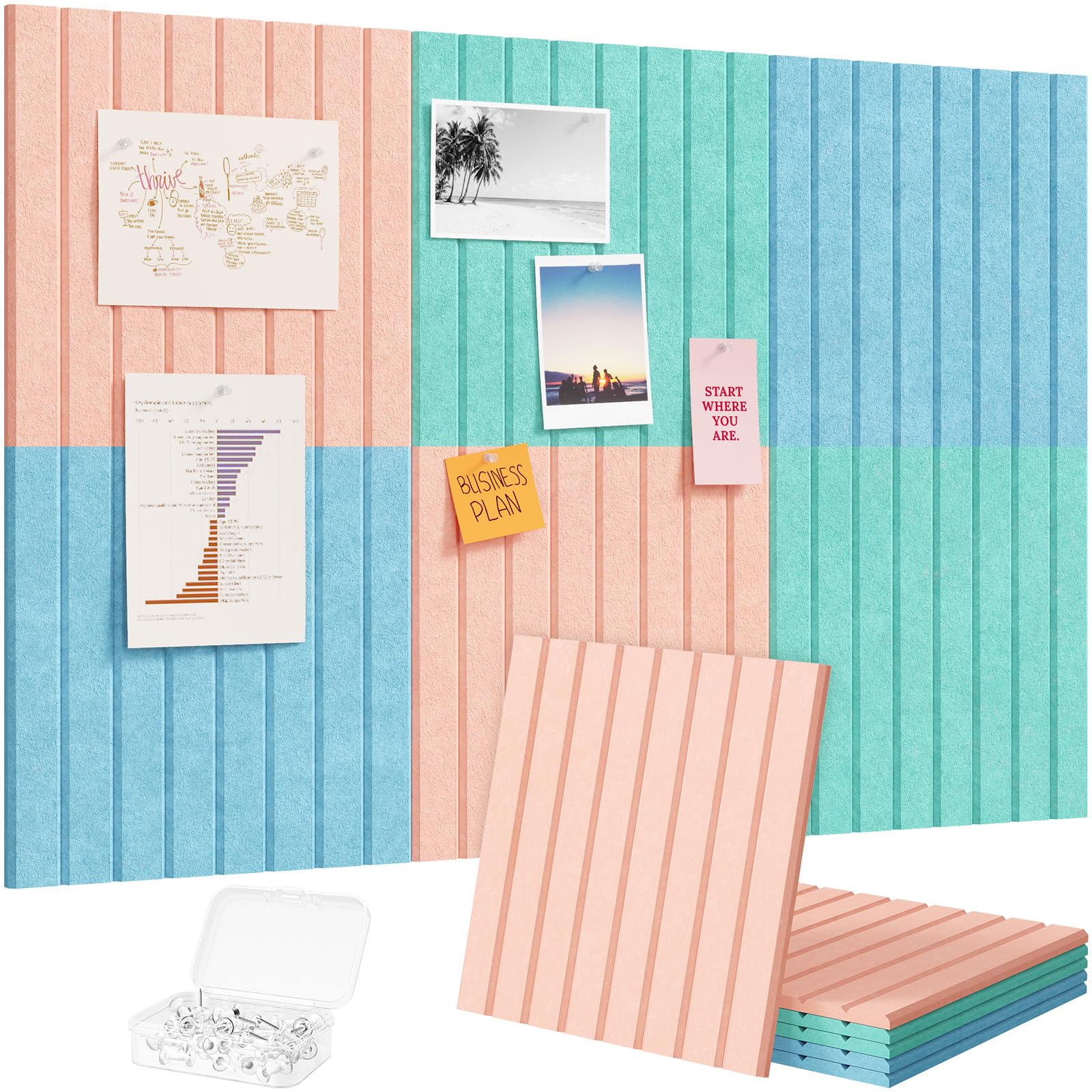 Lifewit Felt Slatted Bulletin Board with Self-Adhesive, 90 x 60 cm-6 Pack Cork Board Alternative, Pin Board Vision Board Message Board with 30 Pushpins for Office Decor, Room Decor, Coastal Hue