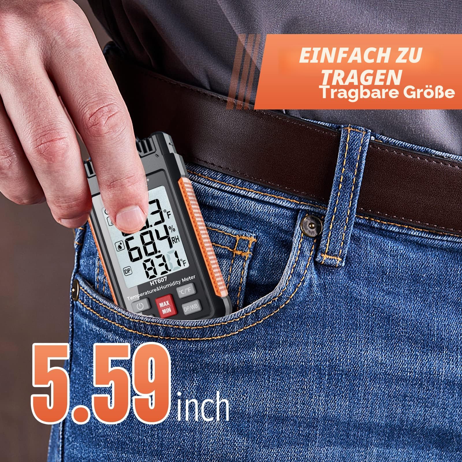 HT607 Temperatur-Feuchtigkeitsmessgerät Hochpräzisionsmessgerät mit Umgebungsluft, relativer Feuchte, Taupunkt, Feuchtkugelthermometer, Min/Max Hold, LCD-Hintergrundbeleuchtung