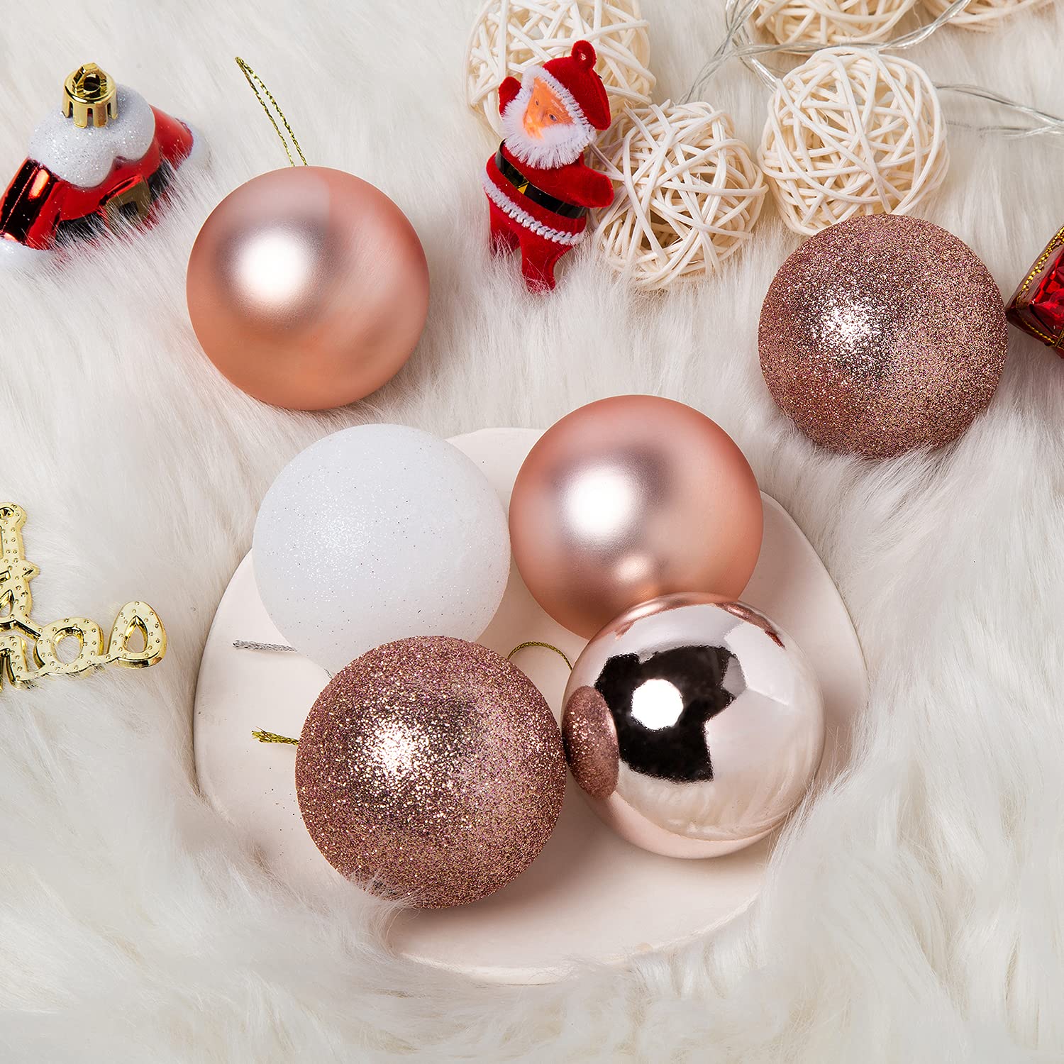 MELOKI 30 bolas de Navidad de 6 cm, adornos de Navidad inastillables, bolas de decoración con adornos de árbol, ganchos para árbol de Navidad, fiesta, boda, oro rosa y blanco