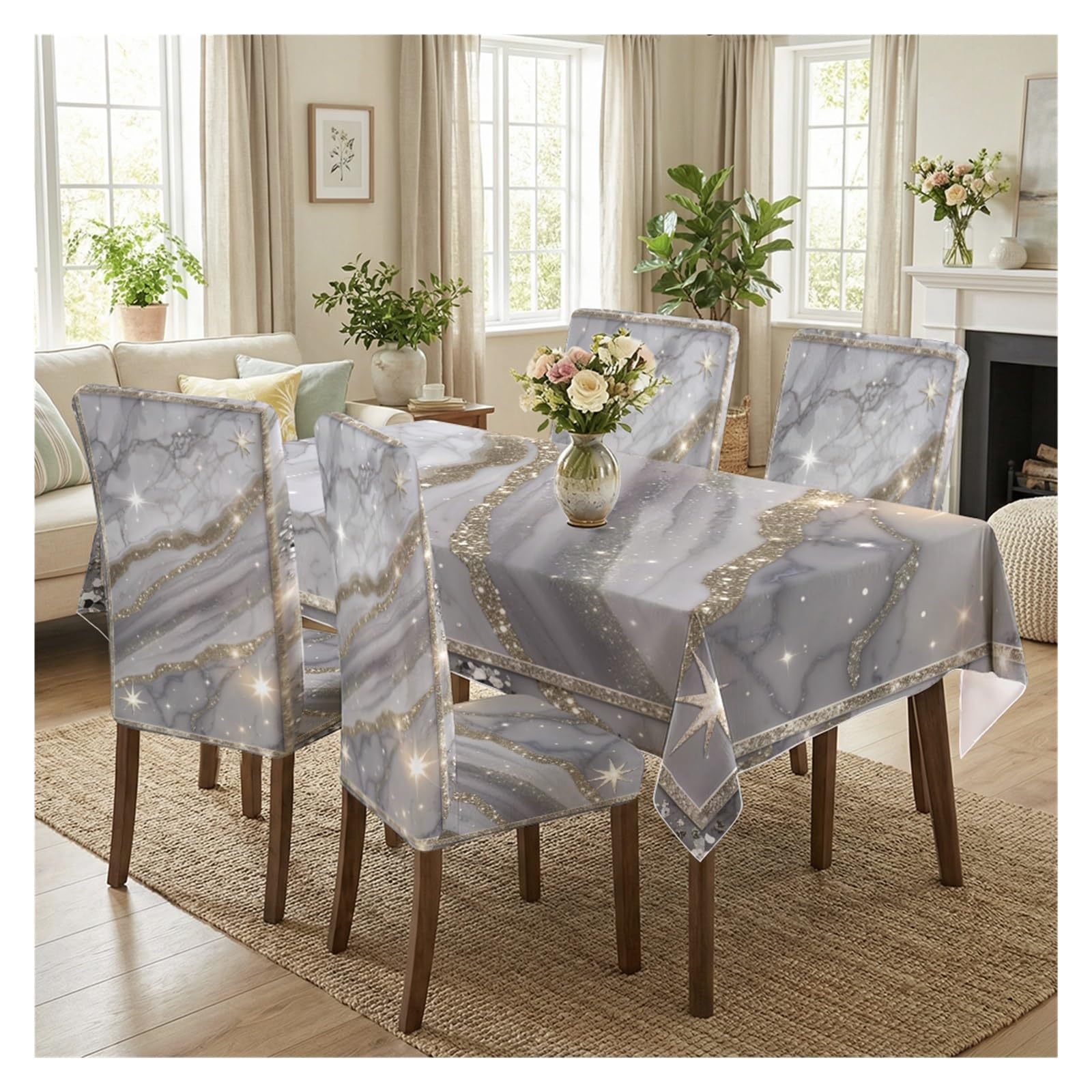 BOSUYBN Grey Marble Gold Glitter Star Streak Printed Dining Tablecloth & Chair Covers Set, 5/7 Piece Modern Luxury Glam Dining Home Decor Table Setting(5pcs Set: Tablecloth+Chair Covers)