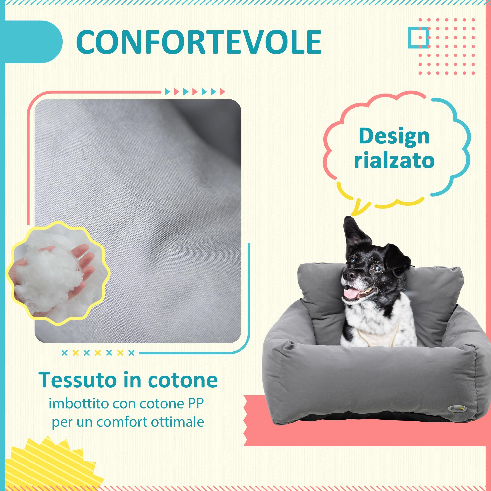 PawHut Seggiolino Auto per Cani di Piccola Taglia, Cuccia per Auto in Cotone Sfoderabile e Lavabile con Cinture di Sicurezza, Grigio Scuro