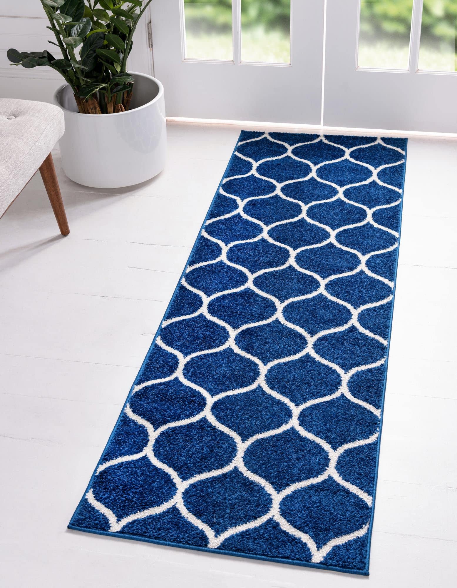 Rugs.com Lattice Frieze Collection Rug – 2' x 6' Runner Navy Blue Medium Rug Perfect for Living Rooms, Large Dining Rooms, Open Floorplans