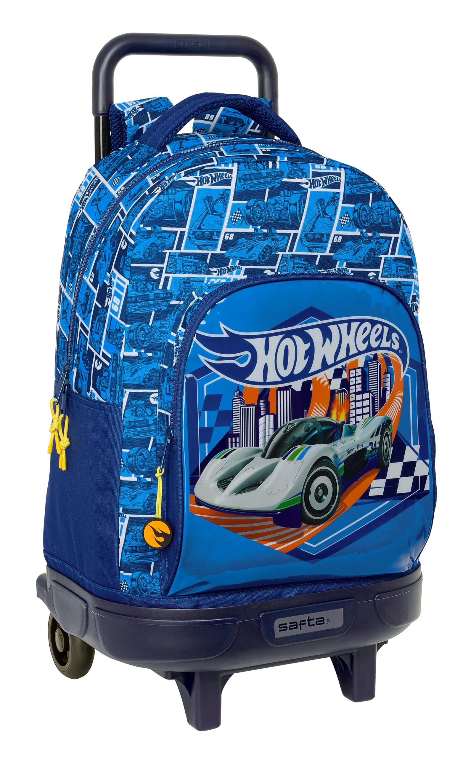Safta Hot Wheels Sonny - Mochila Grande con Ruedas, Compacta, Extraíble, Ideal para Niños de Diferentes Edades, Cómoda y Versátil, Calidad y Resistencia, 33x22x45 cm, Color Azul Marino