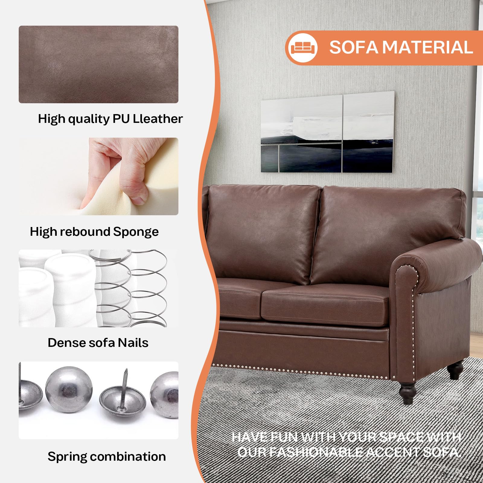 Amazon.com: 84'' Brown Faux Leather 3 Seater Couches with Rivet