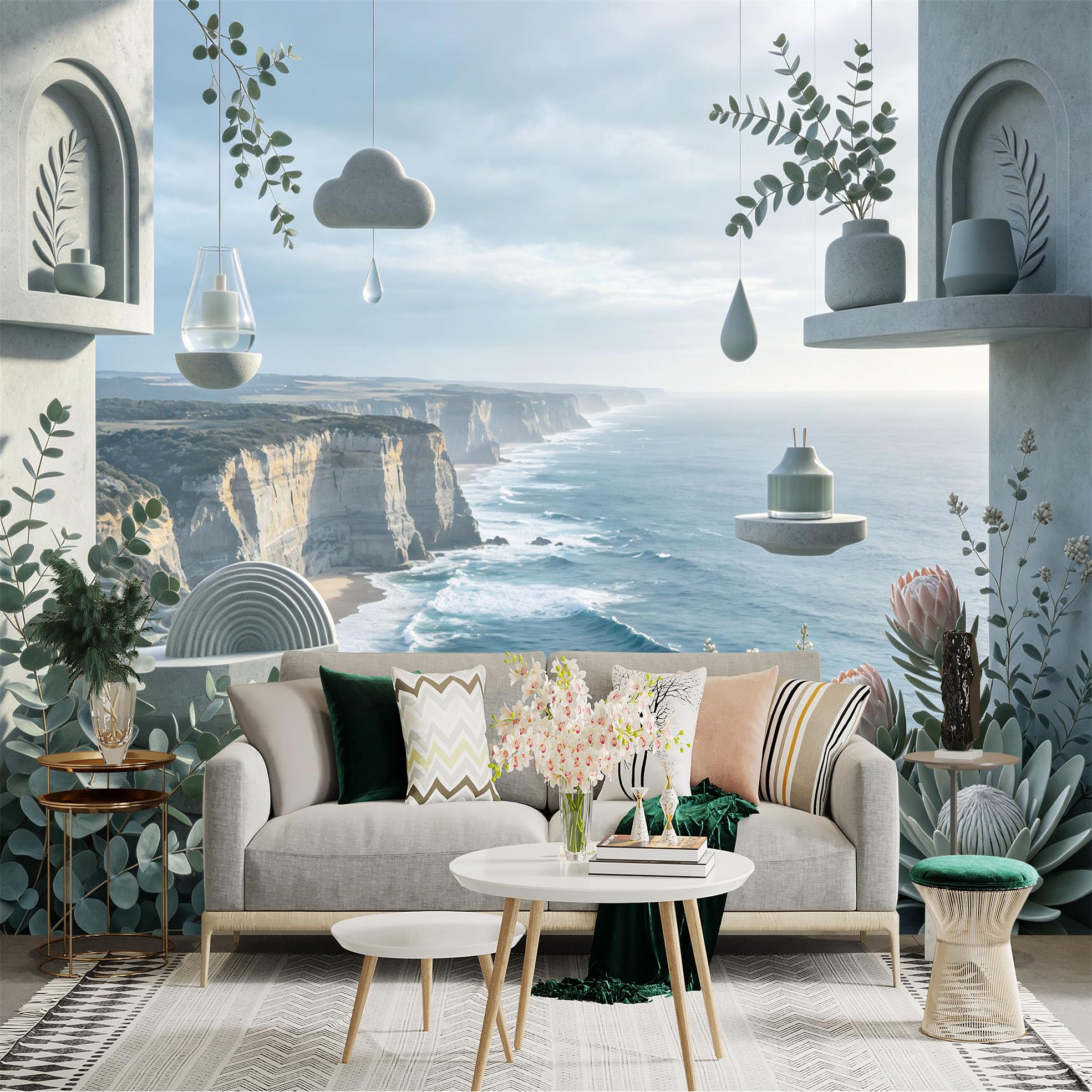 Lnzczhyre Bh260719472 Custom Size Wall Sticker Mural， Coastal Cliff View With Zen Succulents And Calm Ocean Scenery， For Wall Decoration， Peelandstick Wall Decals.