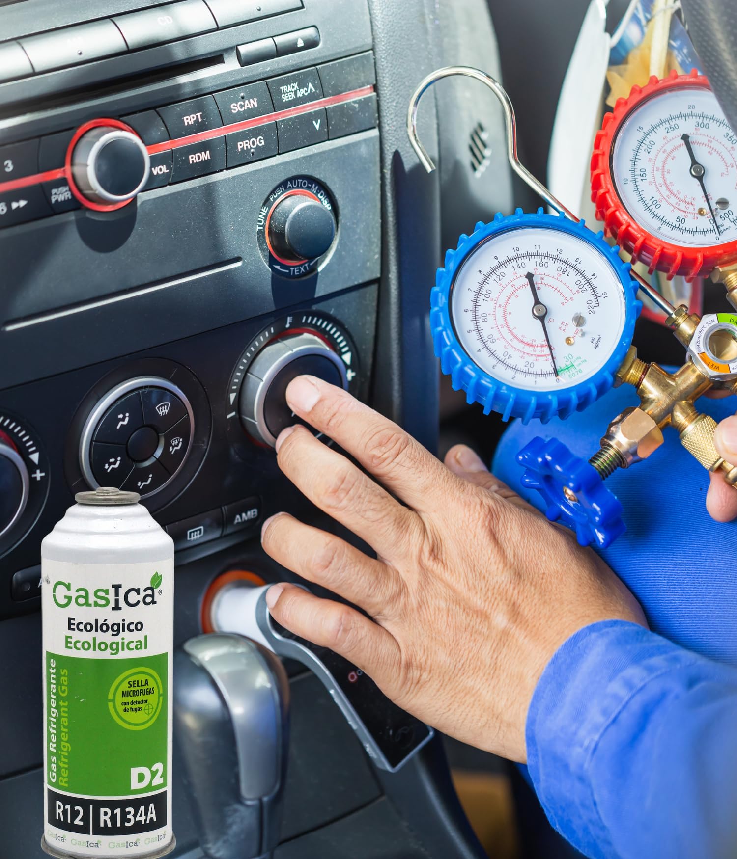 Pack Ahorro gásica, Gas Organico Ecologico Alternativo R134a y R12 Gasica, El Kid De Compone De Dos Unidades Mas Una Manguera De Carga con Manómetro, Uso Profesional