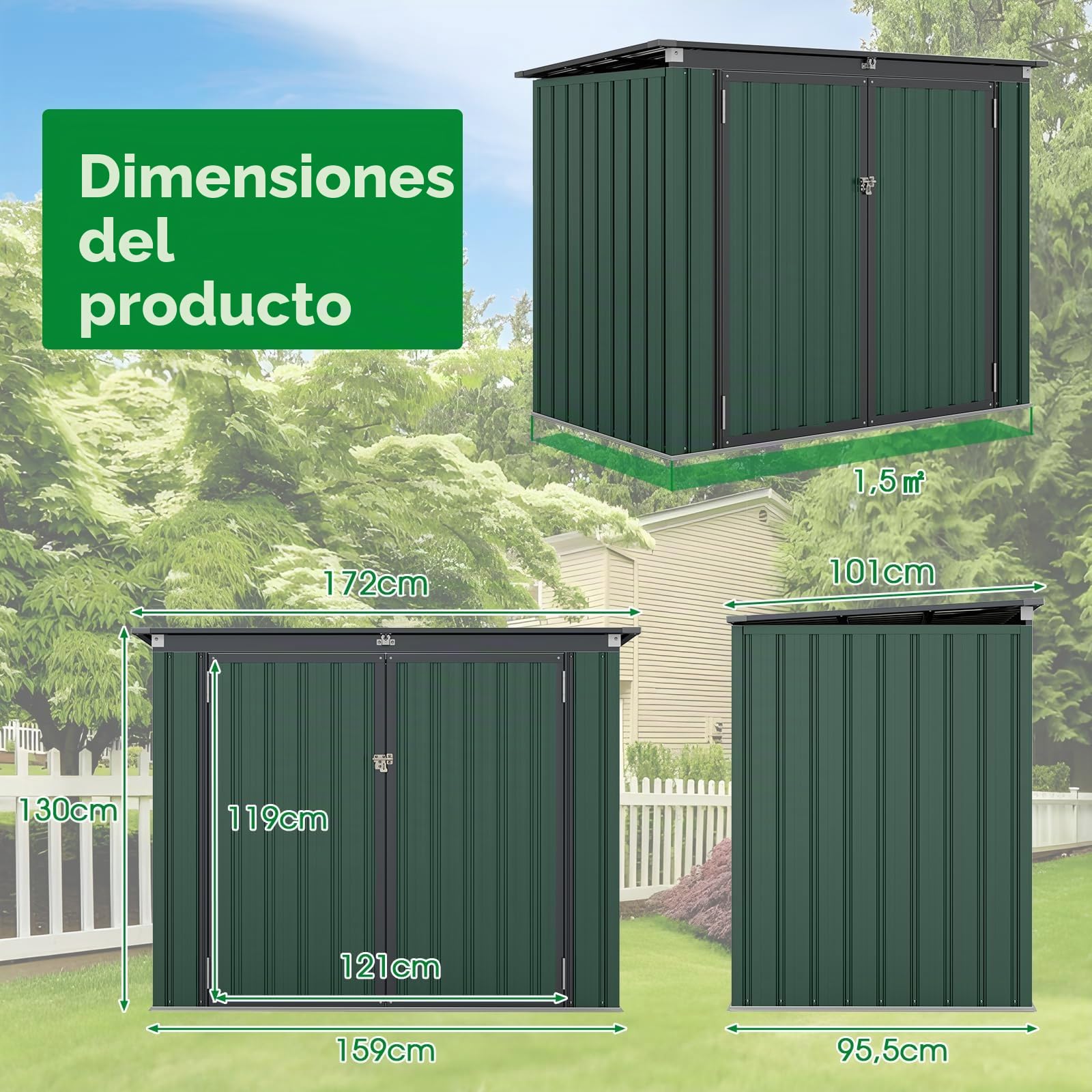 HOMASIS Cobertizo de Jardín, Caseta Metálica con Tapa Abatible de Exterior, Cobertizo de Herramientas con Doble Puerta, Alta Resistencia para Granja, Terraza, 172x101x130cm, Gris (Verde)