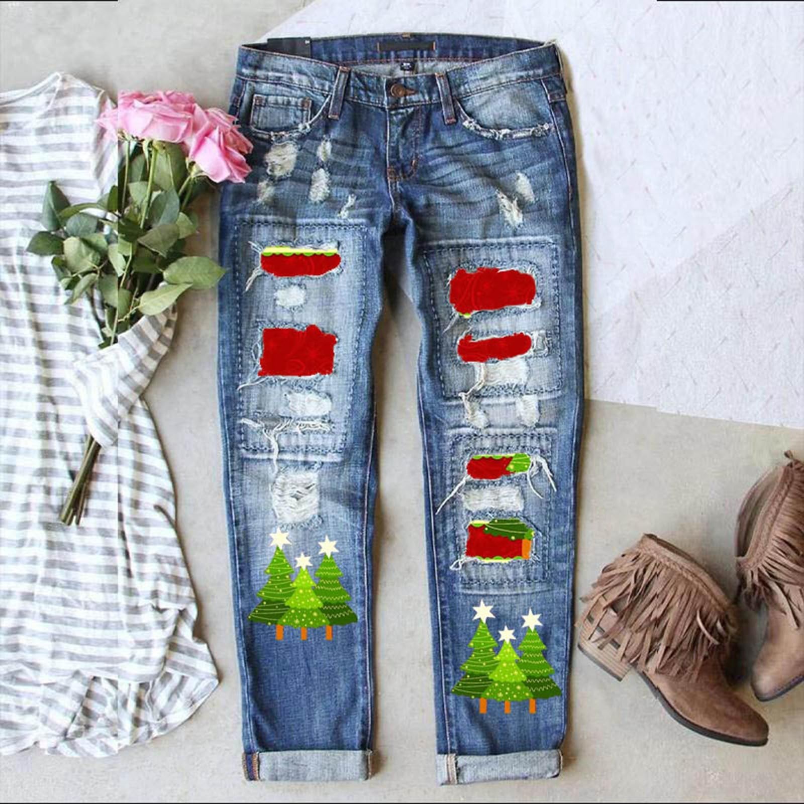 Jeans Mujer Push Up Elásticos Bolsillos Pantalones Vestir Bootcut Mezclillas Cintura Deportes Campana Vaqueros Elefante de Tiro Medio con Diseño Desgastado Árbol Navideño y Corte Recto Clásico