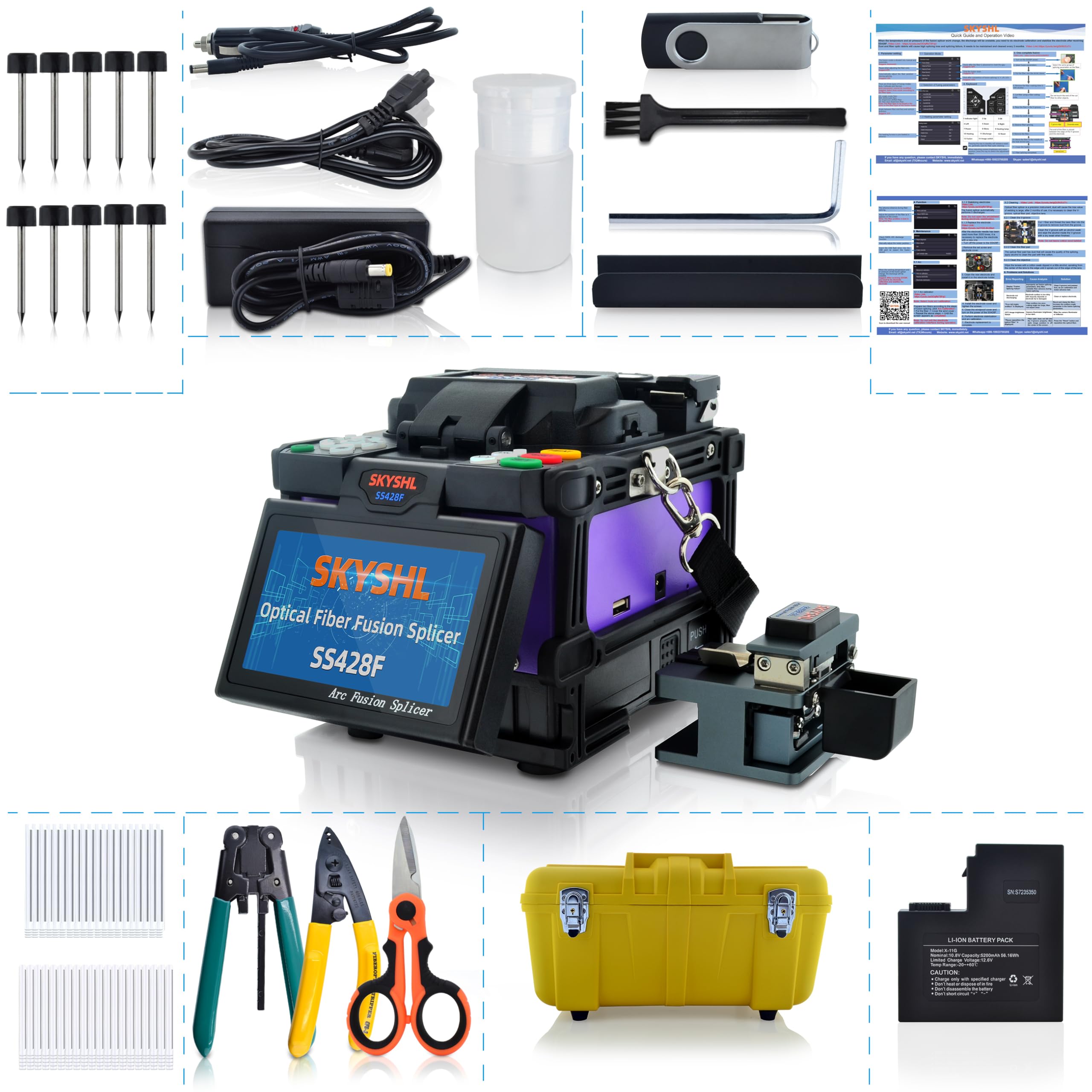 SKYSHL Core Alignment Optical Fiber Fusion Splicer (with 5pairs Electrodes+Car Charger+Fiber Cleaver Kit) Low Splice Loss Auto Focus Fiber Splicing