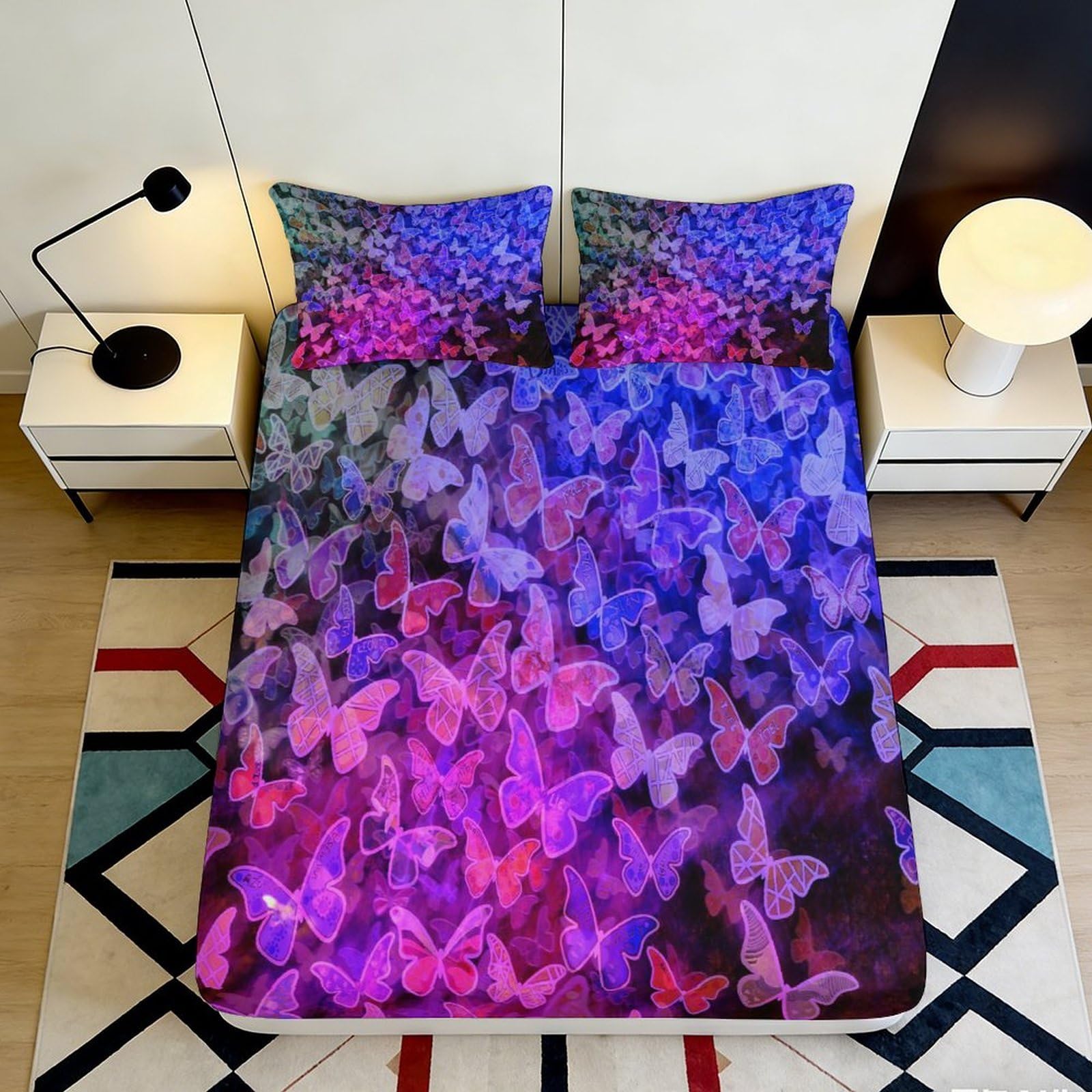 3D Printed Purple Butterfly Dream Fitted Sheet Microfiber Soft Mattress Cover for Bedroom Dorm Artistic Decor 200x200x25cm