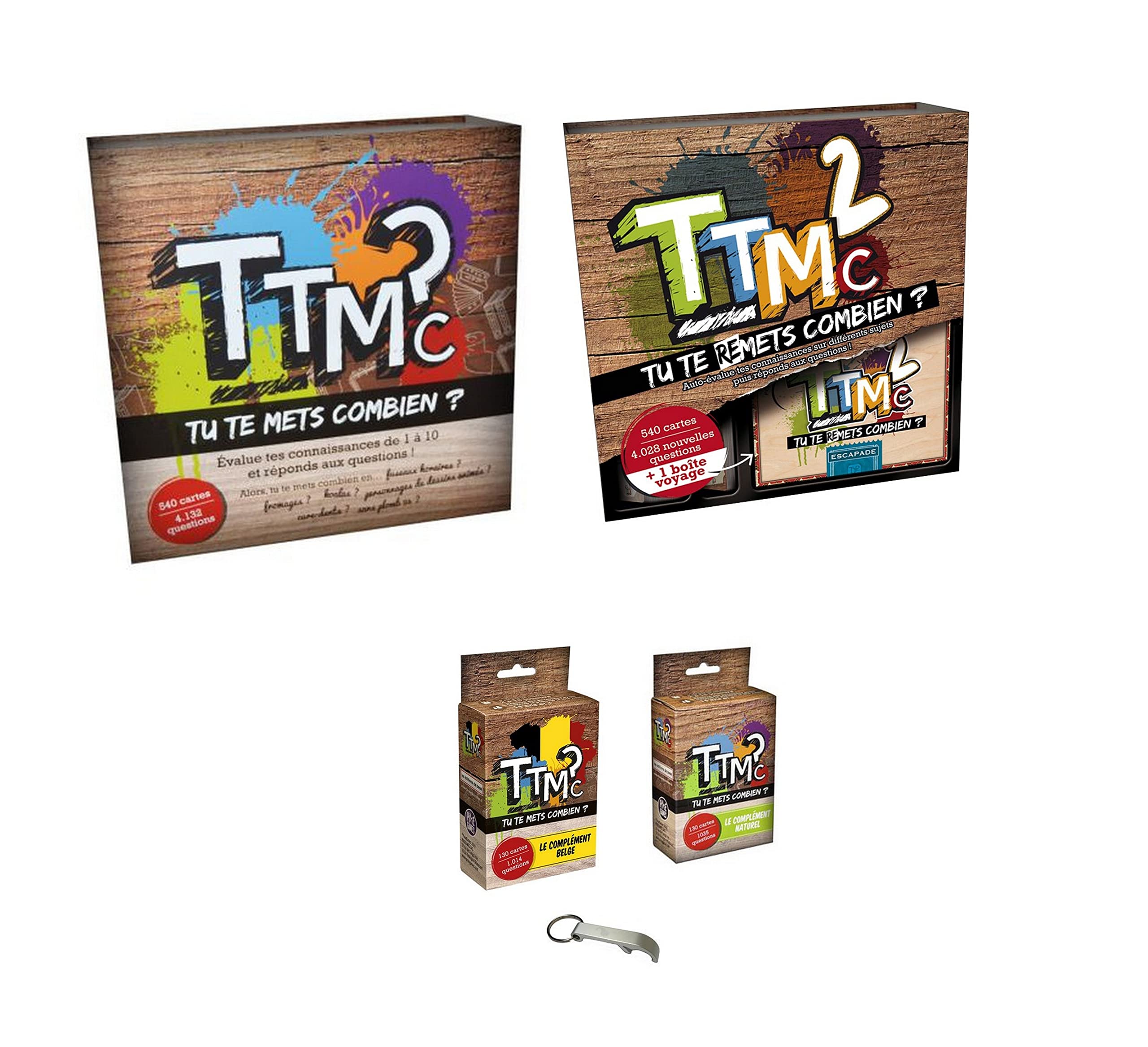 Set giochi in francese Te Mets Quanto TTMC 1 + TTMC 2 + il complemento naturale + il supplemento belga + 1 apribottiglie Blumie (Full Pack)
