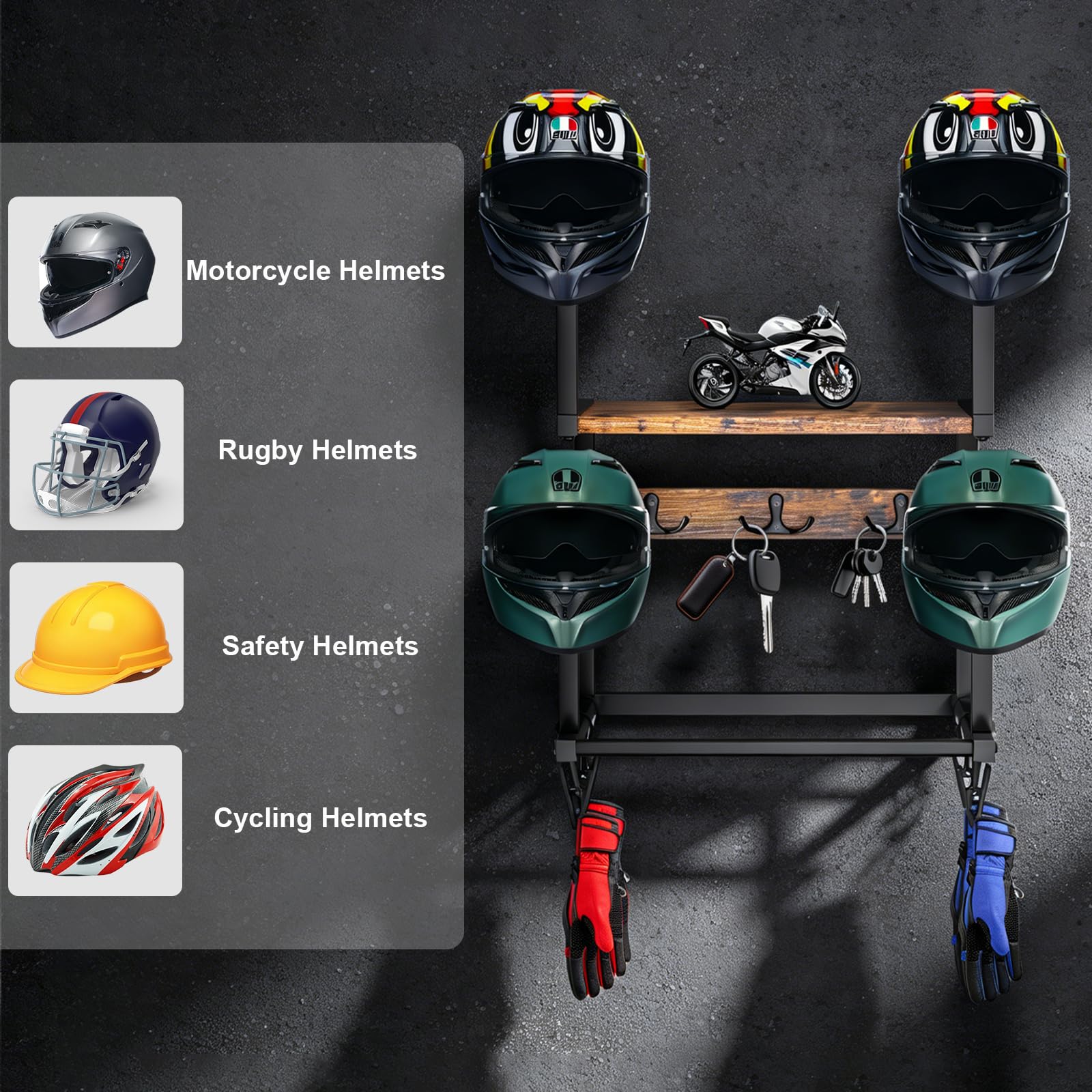Helmhalter Wandhalterung, Motorradhelmhalter Plattenständer Display Organizer mit 1 Holzschichtbrett, 4 Helmständer und Haken für Motorrad, Fußball, Radfahrerausrüstung
