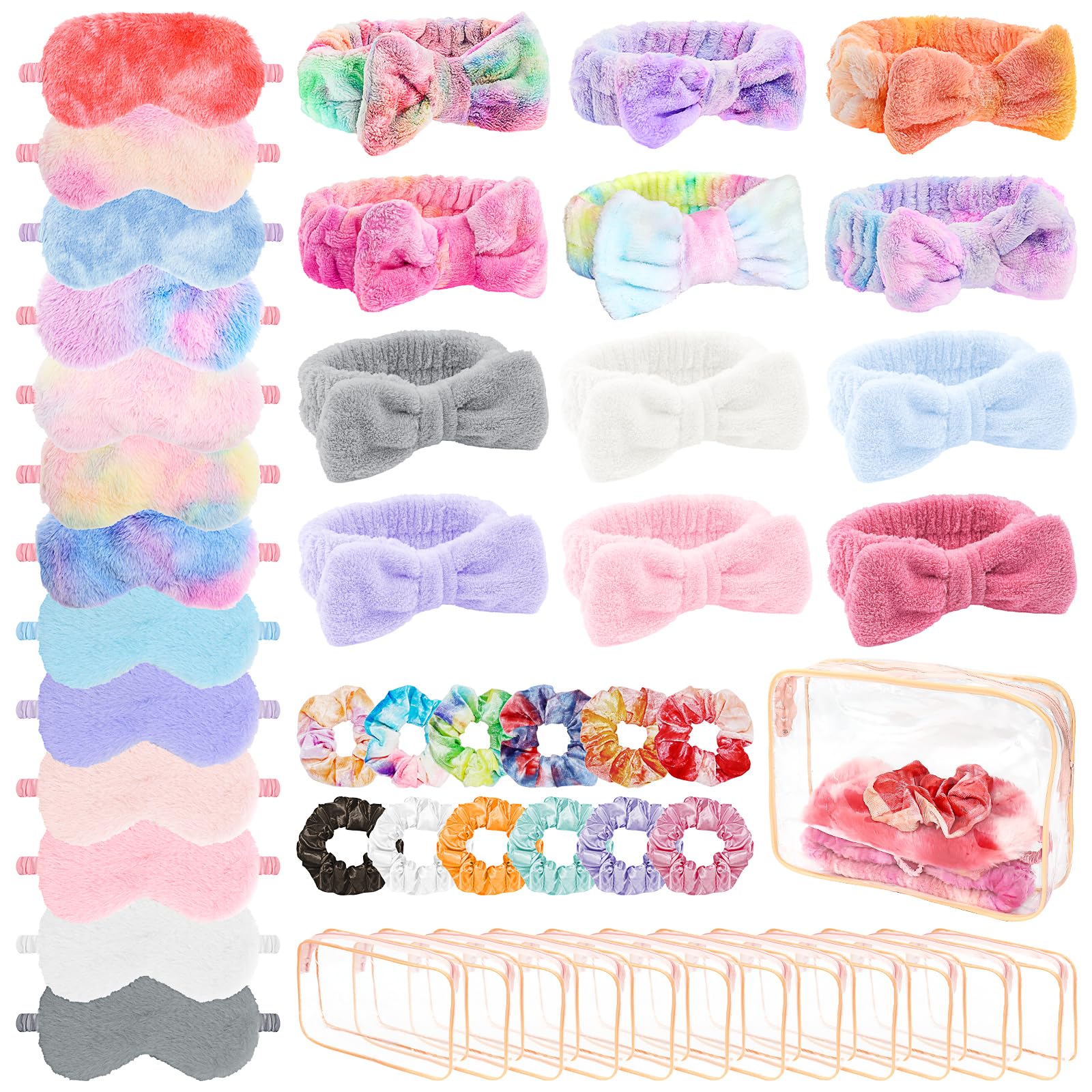 48 articoli per feste per pigiama party per ragazze, 12 fasce rosa spa, 12 maschere per occhi in peluche, 12 elastici in velluto rosa e 12 sacchetti da toilette trasparenti per regali di Natale