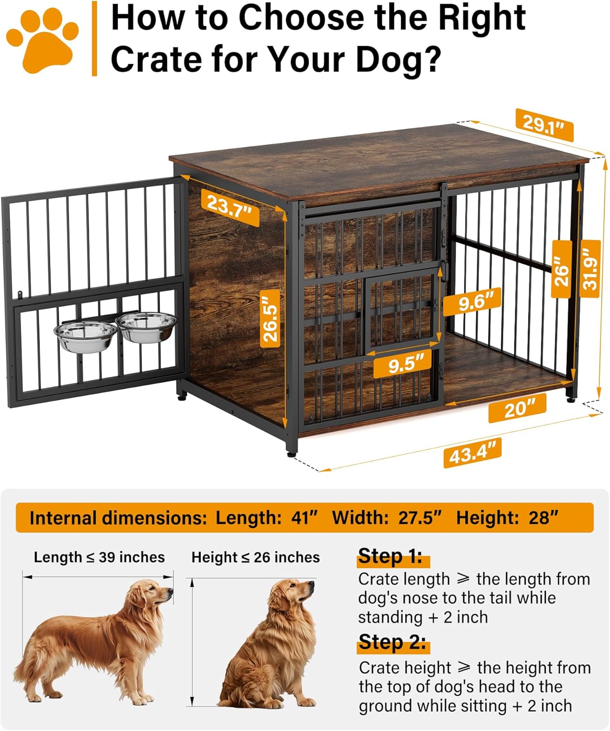 Dog Crate Furniture for large Dogs: 44" Heavy Duty Wooden Dog Kennel Indoor with Sliding Barn Door - XL Dog Crate with 2 Doors & Escape-Proof Multi-Lock Crates - Chew-Resistant & 360° Adjustable Bowls