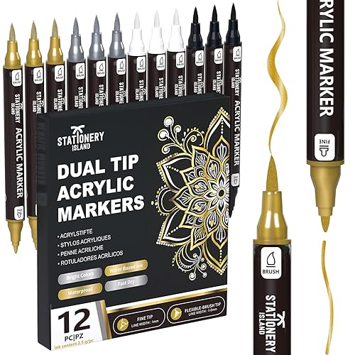 STATIONERY ISLAND Acrylic Paint Pens 12 PCS – Metallic Gold Silver White Black, Dual Tip Fine & Brush Markers, Water Based for Rock Glass Ceramic Wood Metal DIY & Halloween Crafts