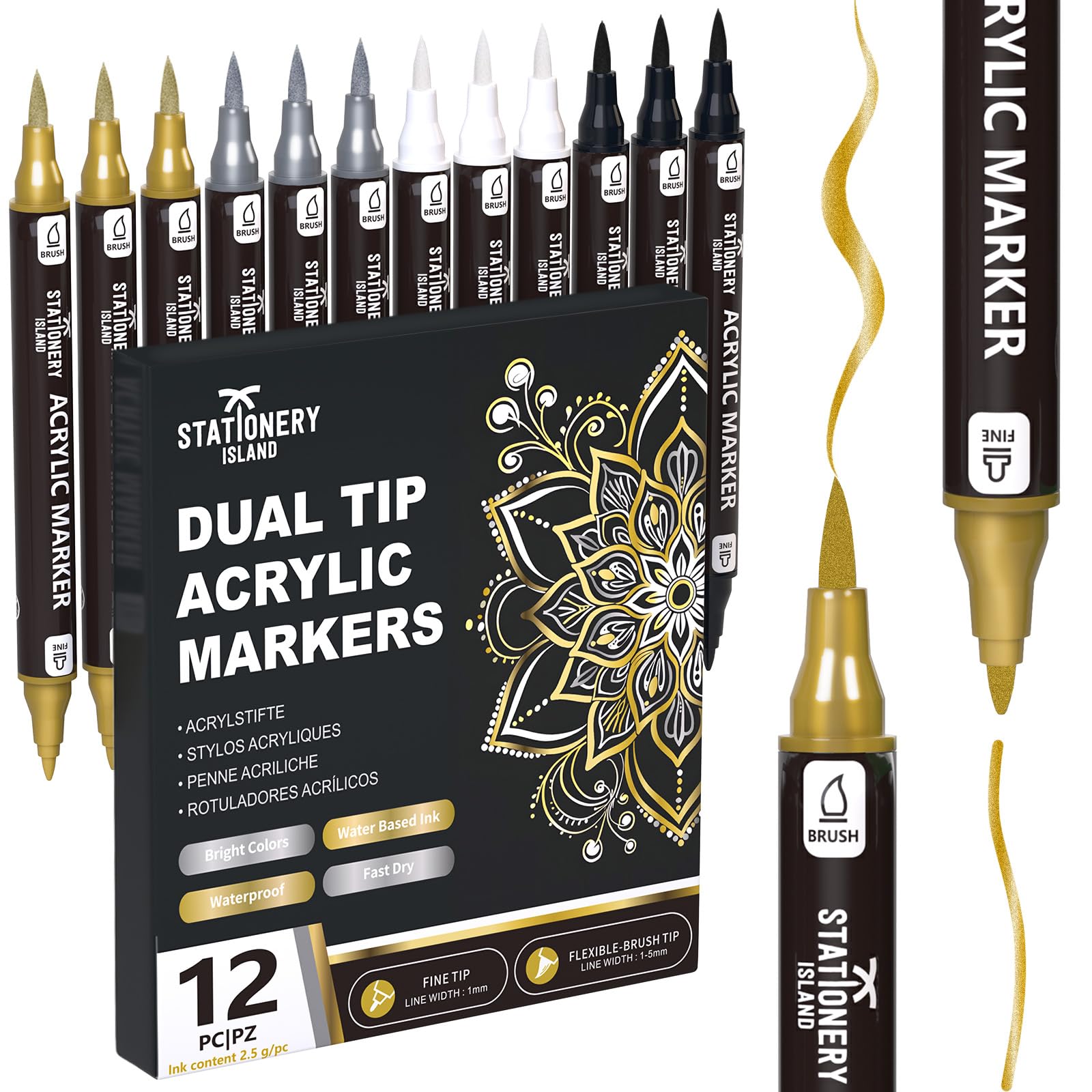 STATIONERY ISLAND Rotuladores Acrílicos Metálicos – 12 Unidades en Oro, Plata, Blanco y Negro – Marcadores con Doble Punta, a Base de Agua para Piedra, Vidrio, Madera, Metal y Cerámica