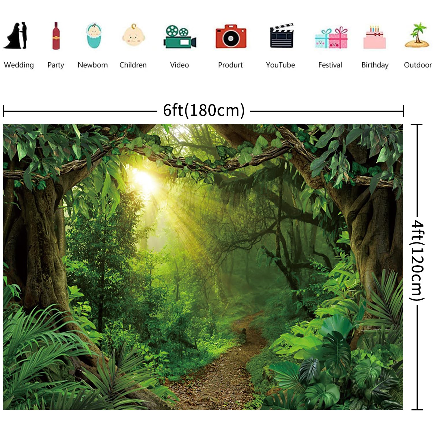 Toile De Fond Jungle Forêt Enchantée 3x2.4m - Arbres Fleurs Plantes Pour Anniversaire Enfants, Photo Booth Et Décorations Magiques