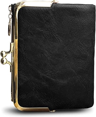 Miniatura 4 de Cartera para mujer pequeña plegable Rfid Mini monedero vintage con cremallera y cierre de beso (negro)
