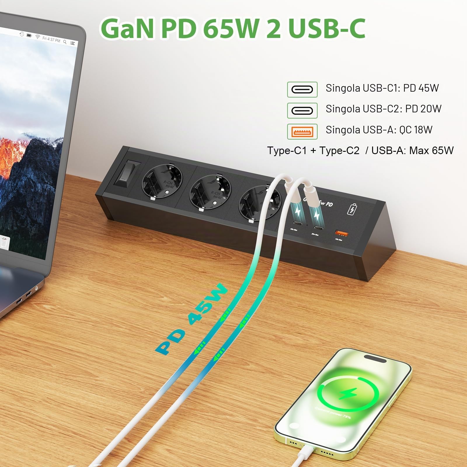 HANNELORE Presa da Tavolo con 2 USB C PD 65W, Alluminio Presa Multipla da Tavolo a 3 Vie Cavo 3 m, Presa da Tavolo Presa Multipla per mobili o Piani di Lavoro