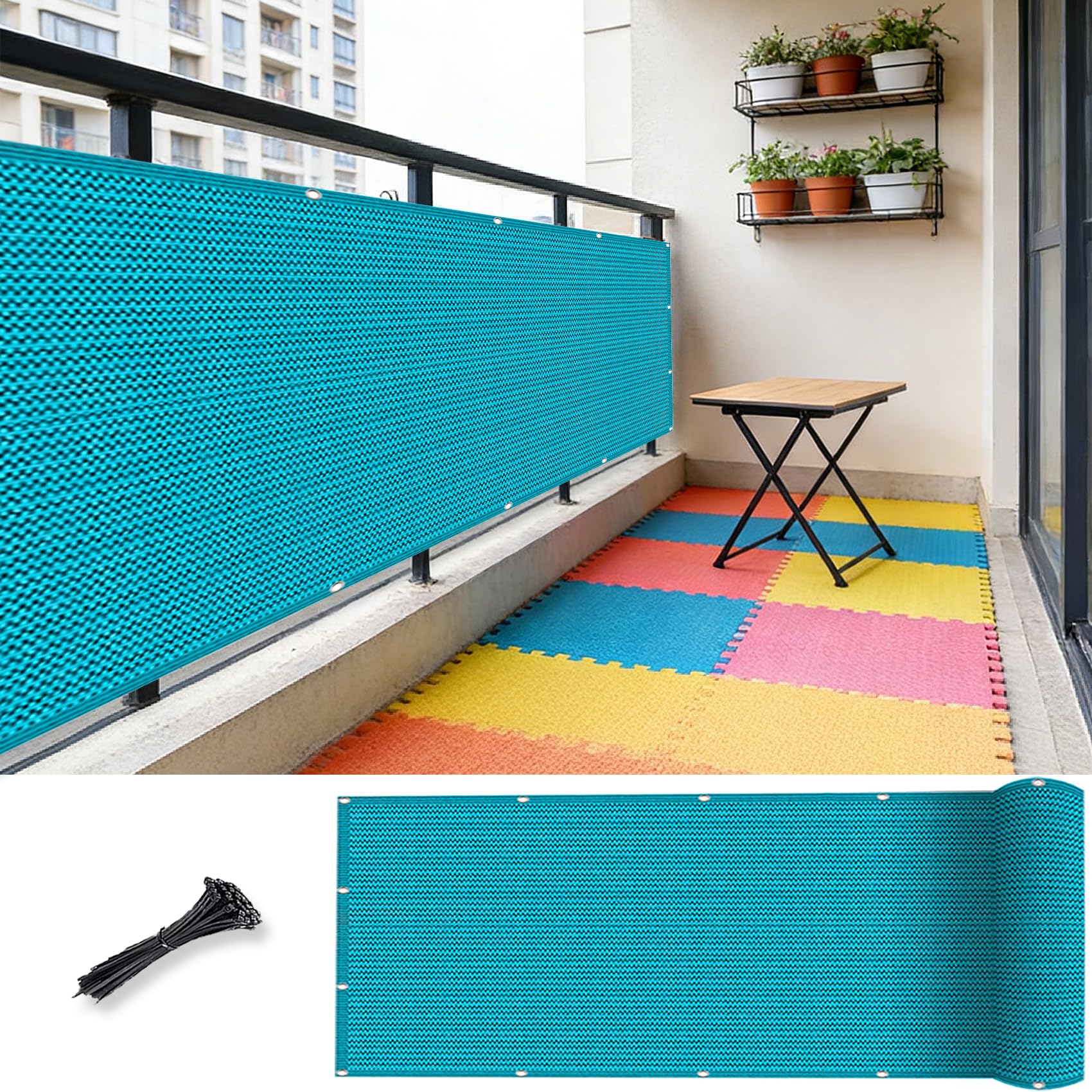 Vela de sombra rectangular de 55x295 cm azul con 95% de ocultación para balcón