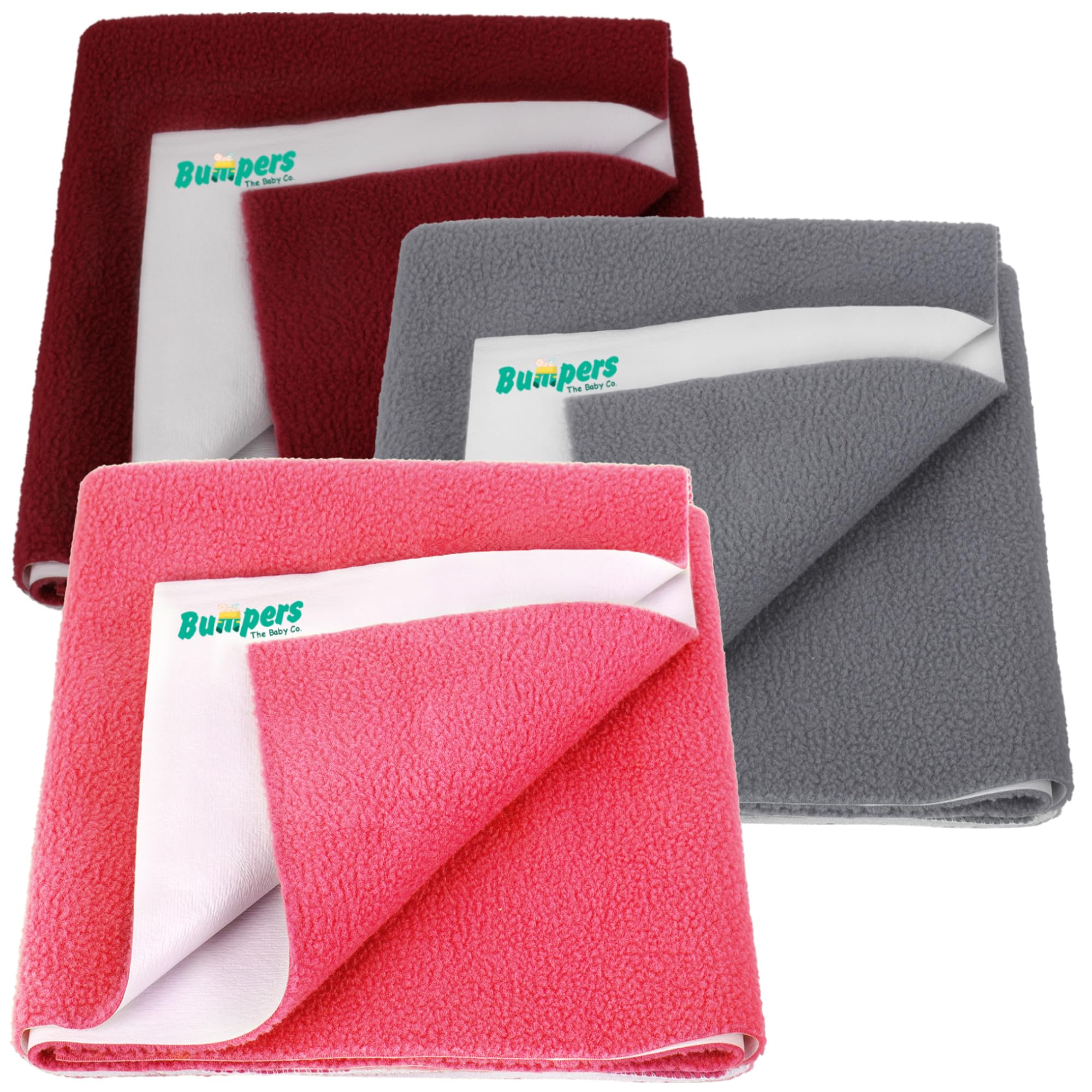 Bumpers Anti-Piling Quick Dry & Absorbent Sheet Polycotton Baby Bed Protecting Waterproof Mat (Salmon Rose, Grey, Maroon, Small (70 x 50cm), Pack of 3)