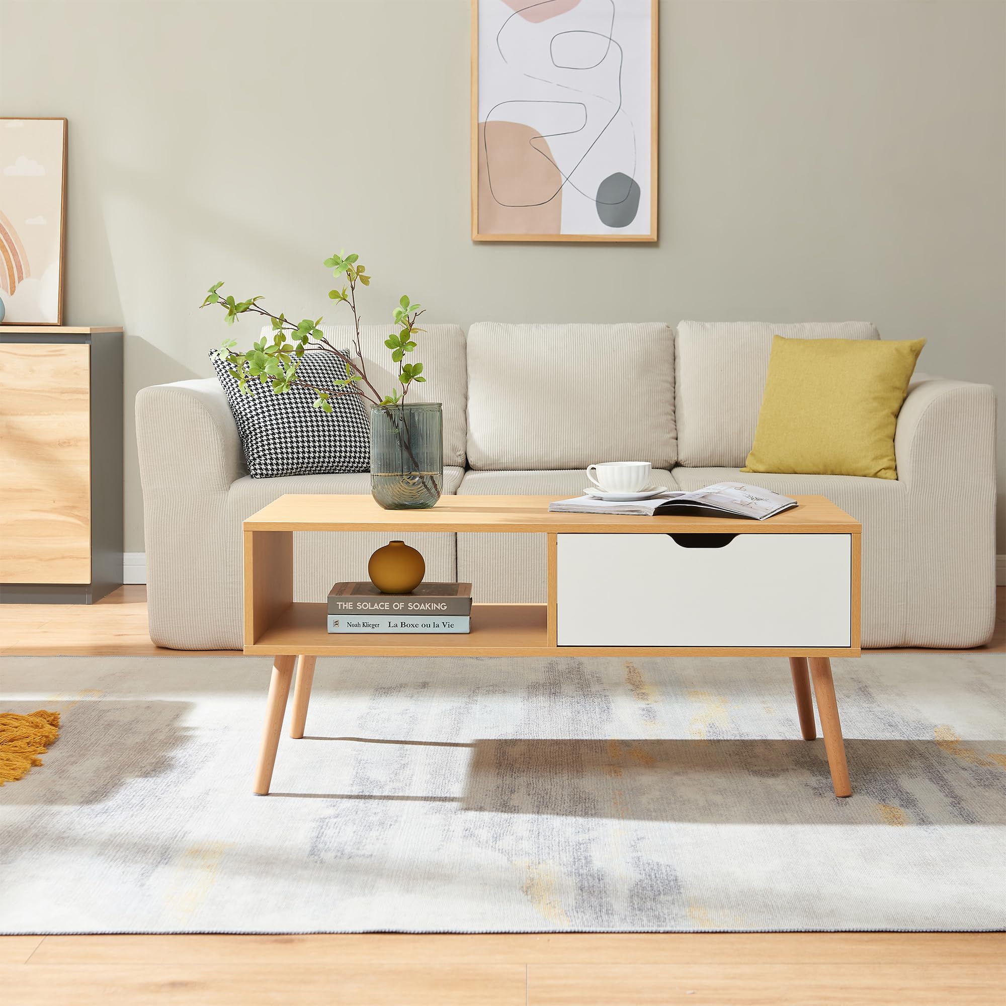 [en.casa] Couchtisch Bordkak Wohnzimmertisch mit Schublade Tischplatte rechteckig Beistelltisch 100 x 48 x 45 cm Sofatisch Holzbeine Eicheoptik/Weiß