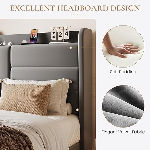 Miniatura 4 de SHA CERLIN Base de cama de tamaño matrimonial con estación de carga y cabecera de almacenamiento, plataforma de terciopelo con diseño moderno