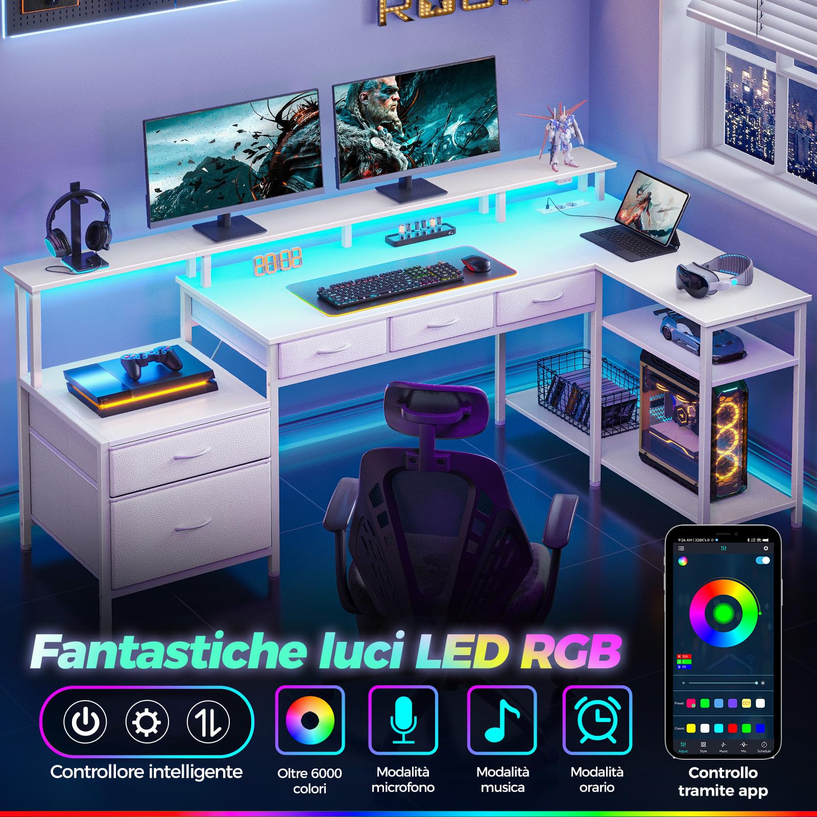 Rolanstar Scrivania Gaming Angolare, Scrivania a L Reversibile con LED e Prese e Porte USB, Supporto per Monitor, Scrivania con Cassetti da 163 cm, Tavolo Salvaspazio per Casa, Ufficio (Bianco)