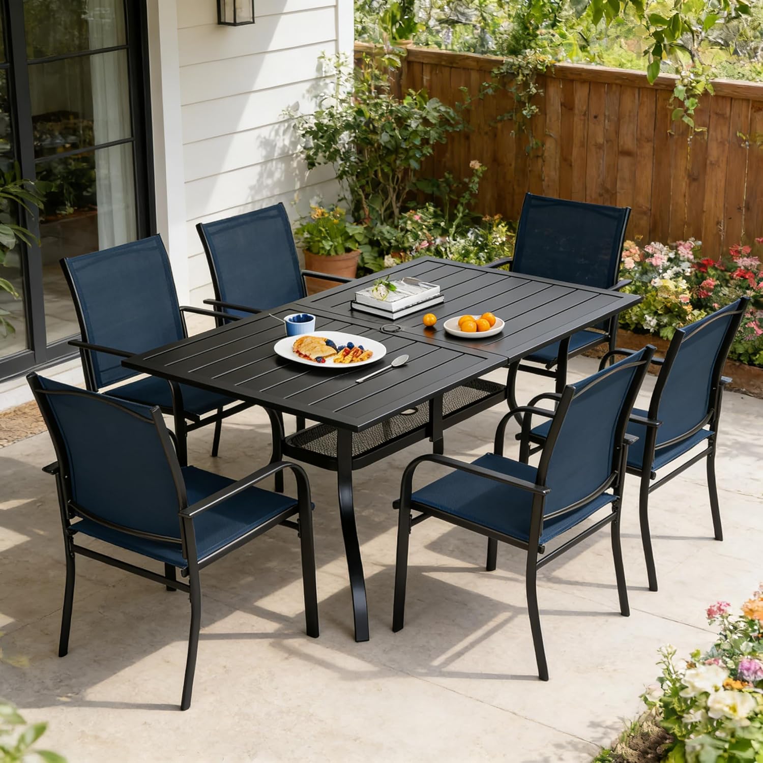 SUNCROWN 7 - Piece Outdoor Dining Set, Patio Furniture Set with 6 x Textilene Dinning Chairs and 1 Steel Slat Metal Bistro Table for Lawn Garden Backyard Deck, Blue