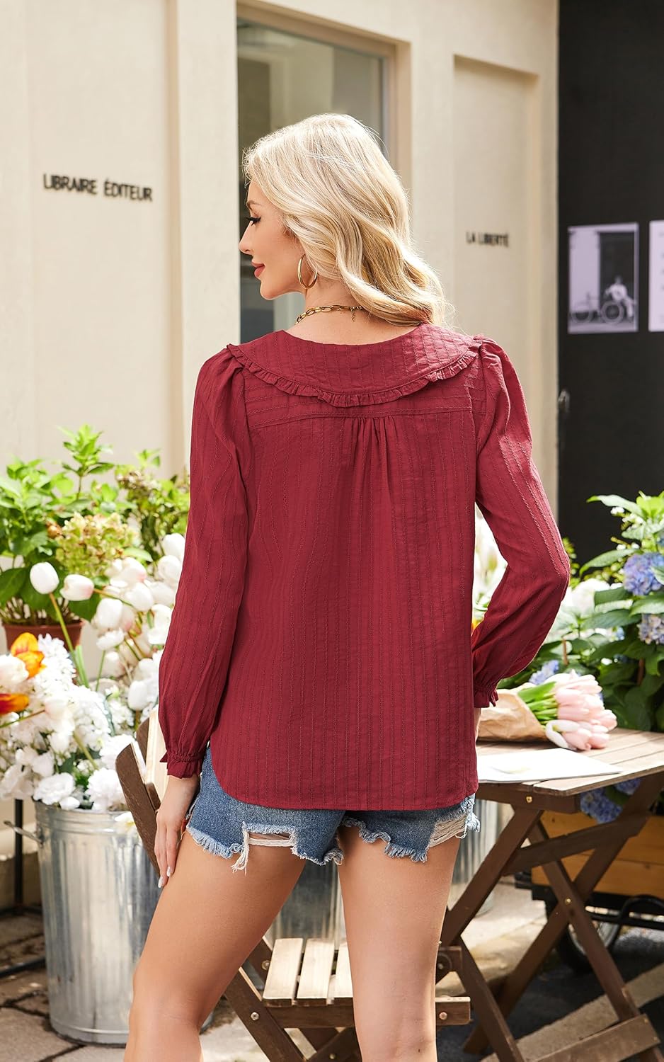 ECOWISH Women's Long Sleeve Shirts - Peter Pan Collar Button Down Blouse Dressy Casual Puff Cotton Elegant Fall Tops - Image 6