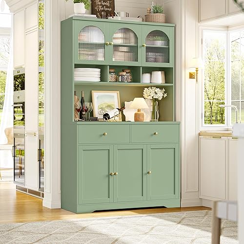 FINETONES 71" Pantry Cabinet, Tall Kitchen Pantry Storage Cabinet with Microwave Stand, Modern Kitchen Hutch Food Pantry with Open Countertop and Adjustable Shelf for Dining Room