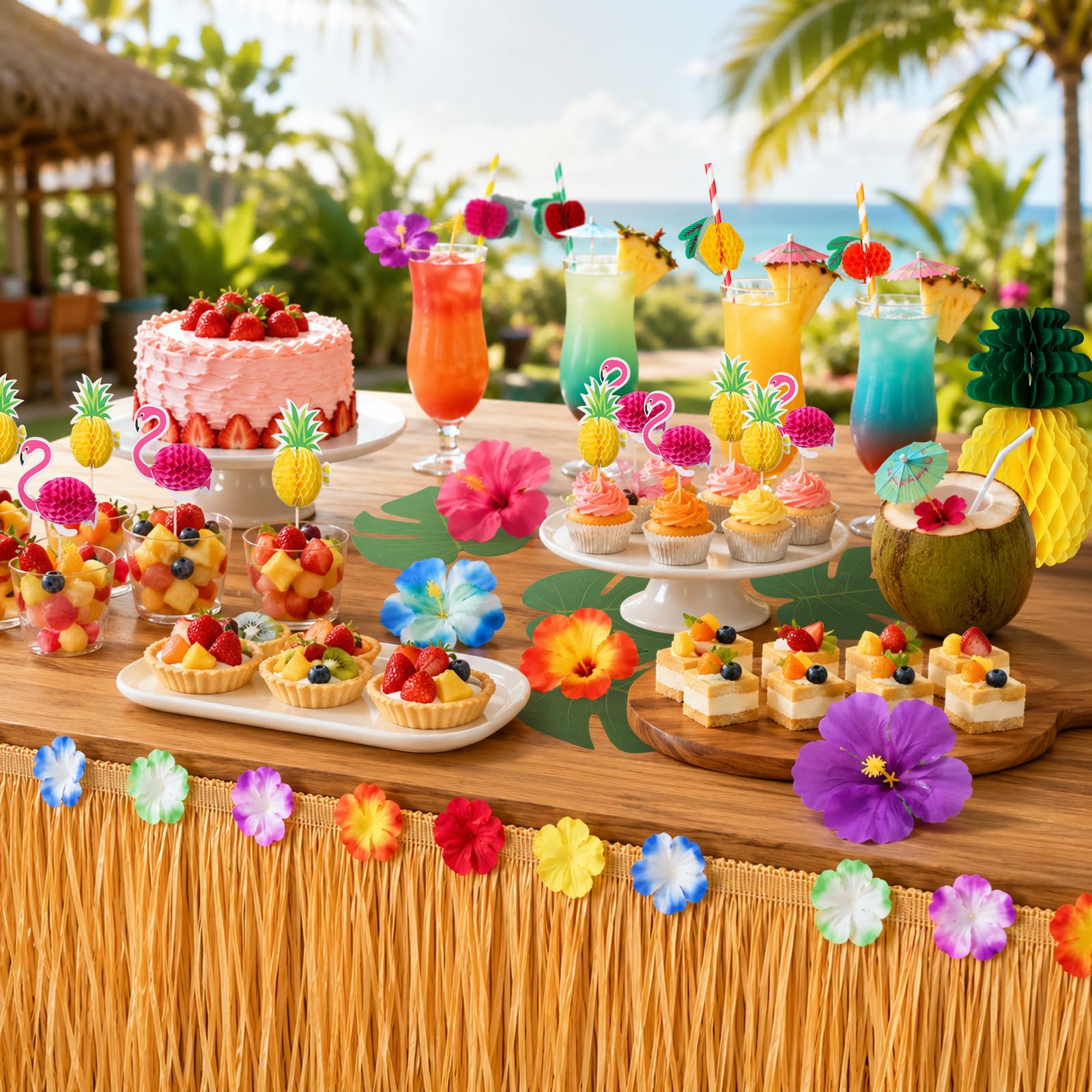 Hawaii Party Dekoration Set, 97PCS Tropische Party Dekoration Set, Hawaii Luau Tischröcke, Girlanden, Palmblätter, Ananas Flamingo Regenschirm Obst Stroh Kombition zum Grillen, Gartensommer