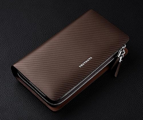 Miniatura 7 de VANNANBA Billeteras grandes de cuero con doble cremallera larga para negocios, soporte para teléfono, regalo para padre e hijo, Marrón