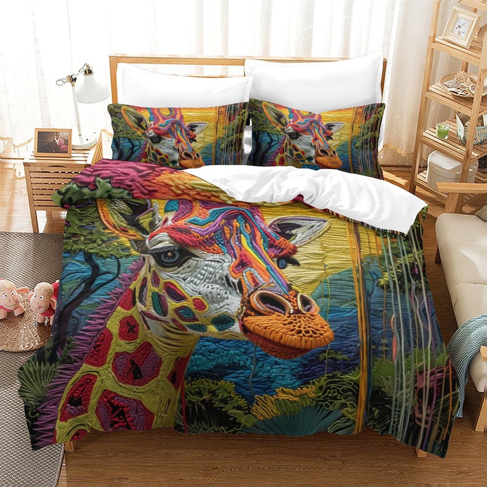 Housse de couette 200x200 girafe colorée avec taies d'oreiller microfibre linge de lit 3 pièces