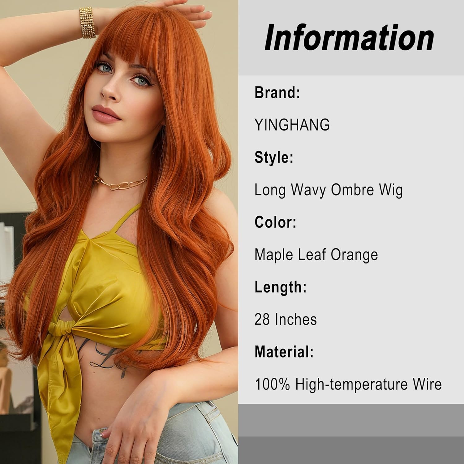 Burnt Orange Wig With Bangs For Women 27In Long Wavy Ginger Wig Synthesis Heat Resistant Wigs Natural Looking For Daily Use Gifts burnt orange 27 Inch