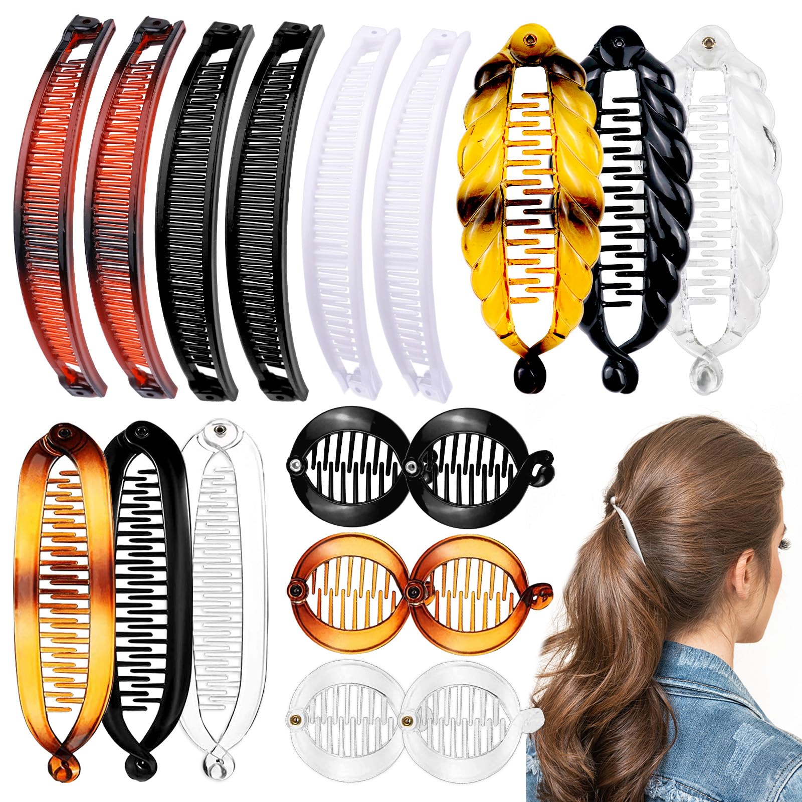 18 PCS Banana Hair Clips Classic Clincher Combs Fishtail Hair Clip Ponytail Hair Holder for Women Girls, 4 Styles Tortoiseshell Color, White, Clear, Black