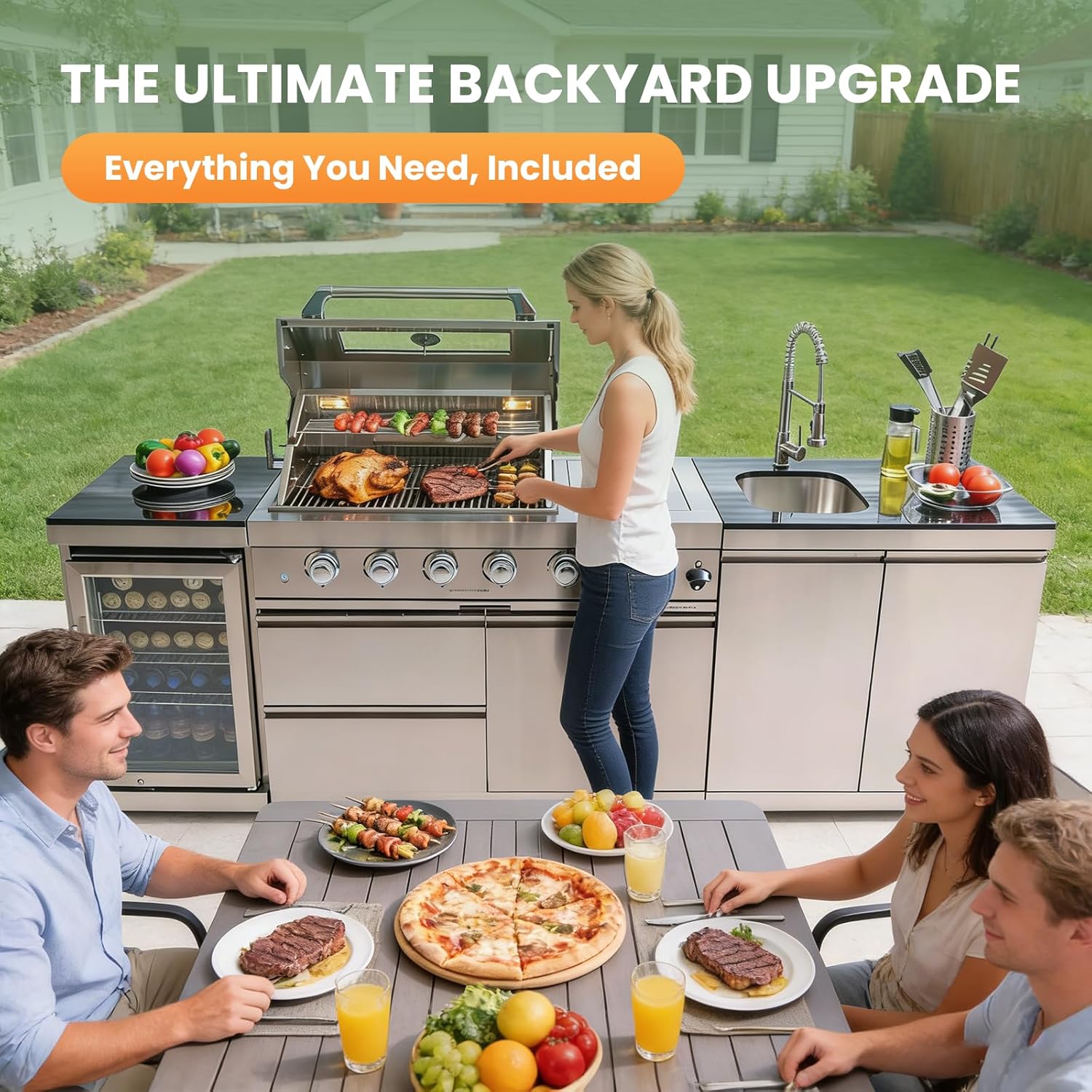 98" Rolling Outdoor Kitchen Island with Built-In 4 Burner 72,000 BTU Stainless Steel Gas Grill Featuring Rotisserie Oven,Granite Countertops,Beverage Fridge,Sink. (Silver + Fridge + Sink, Natural Gas)