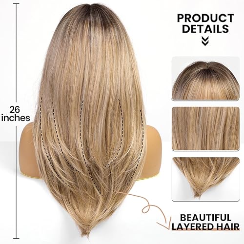 Miniatura 3 de EMMOR Peluca rubia con flequillo para mujer, pelucas largas y lacias, peinado sintético en capas para niñas, fiesta, cosplay y uso diario (26