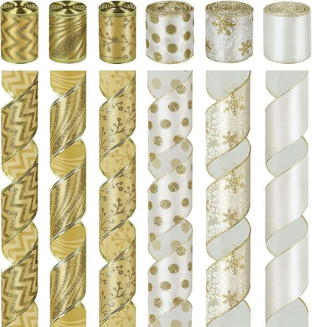 Arquiel 6 Rolls Gift Ribbon Wired, 6.3cm x 5.49m Ribbons Ornaments with Glitter, Satin Ribbon for Crafting Gift Wrapping Bow Decoration, White & Gold