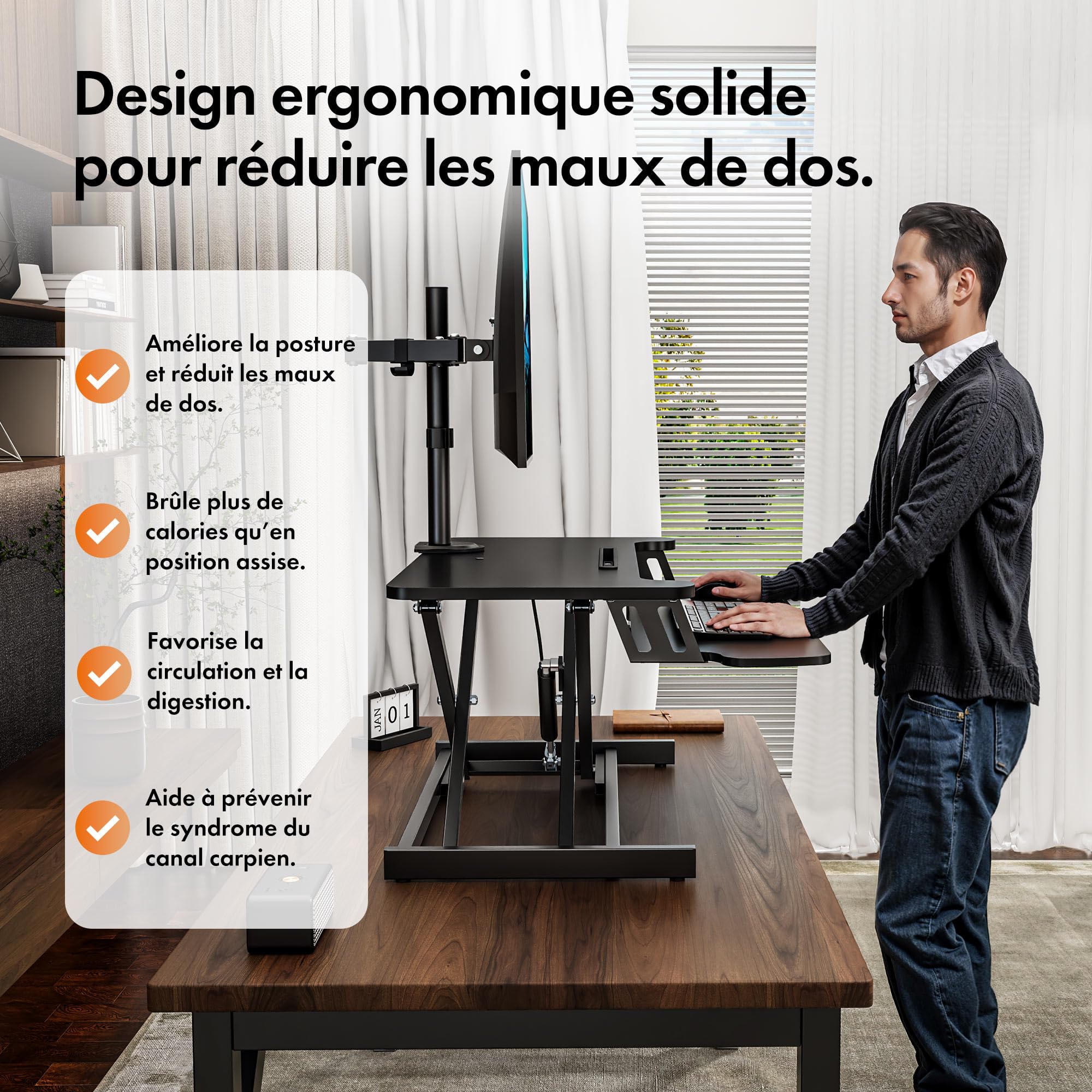 VonHaus Convertisseur de Bureau Debout, Poste de Travail Assis-Debout Réglable en Hauteur, avec Plateau pour Clavier, Support pour Tablette (Noir)