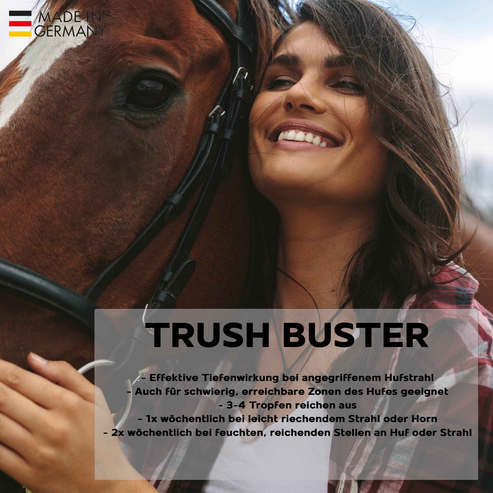 Thrush Buster Liquid Spezial, Hufpflege für Pferde, Intensive Strahlpflege bei Strahlfäule am Hufhorn mit hornfestigender Wirkung, leichtes auftragen, ohne Biozid, Anti-Doping (59ml)