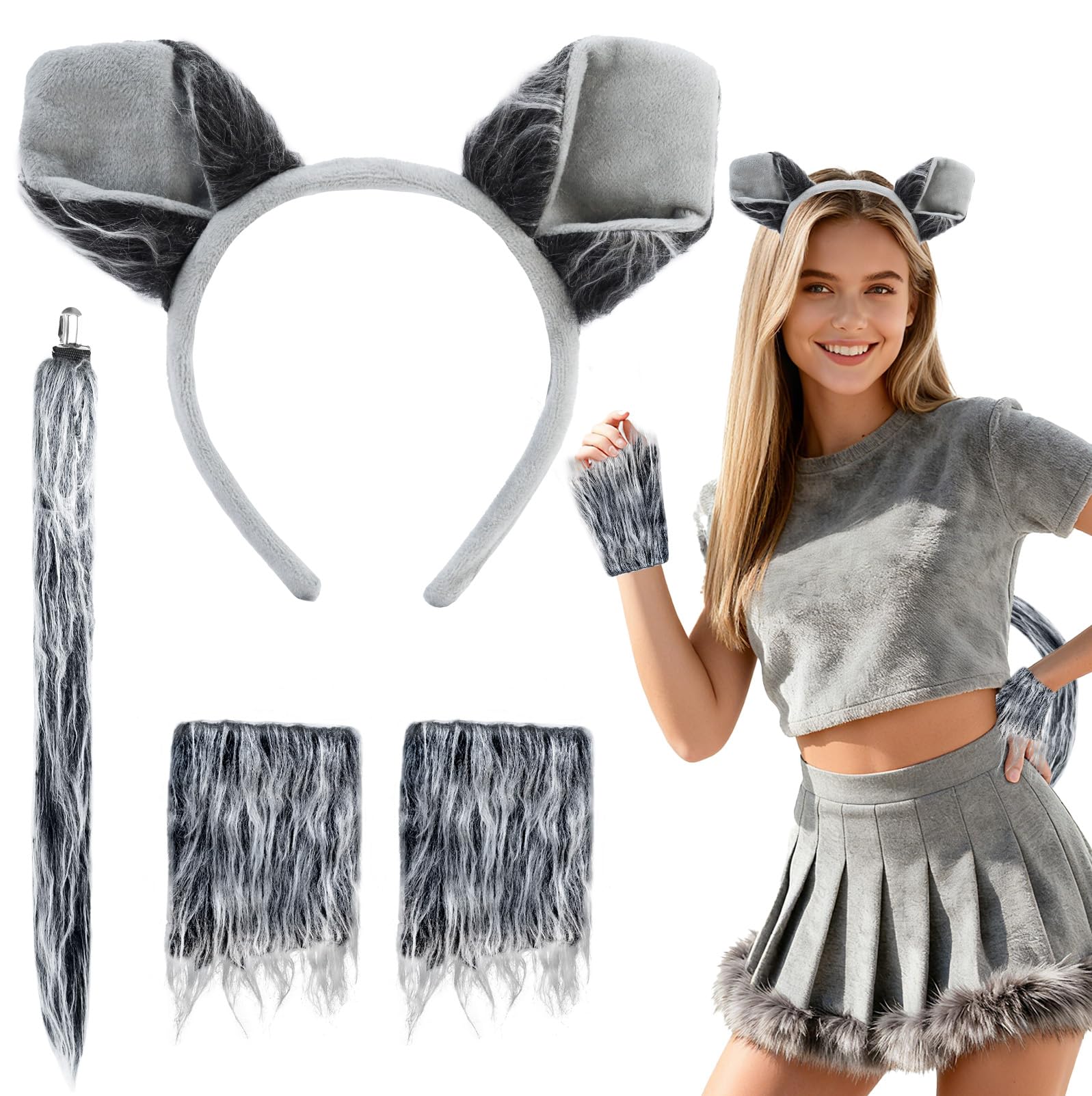 Wolf Costume with Grey Wolf Ears Headband and Tail Gloves Set Werewolf Costume Accessories for Adult Men Halloween