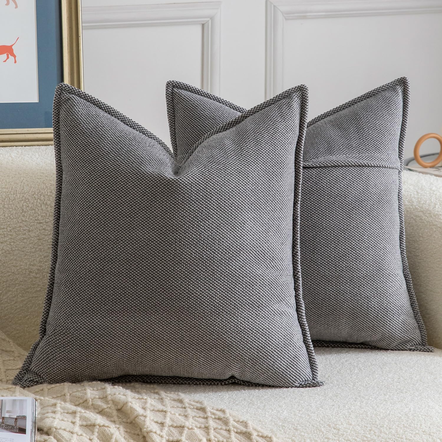Madizz Decorative Chenille Dark Grey Cushion Covers 55x55 cm Pack of 2 Throw Pillows for Couch Sofa Boho Accent Pillow Cases for Bed Cushion for Bedroom Living Room Modern Home Decor