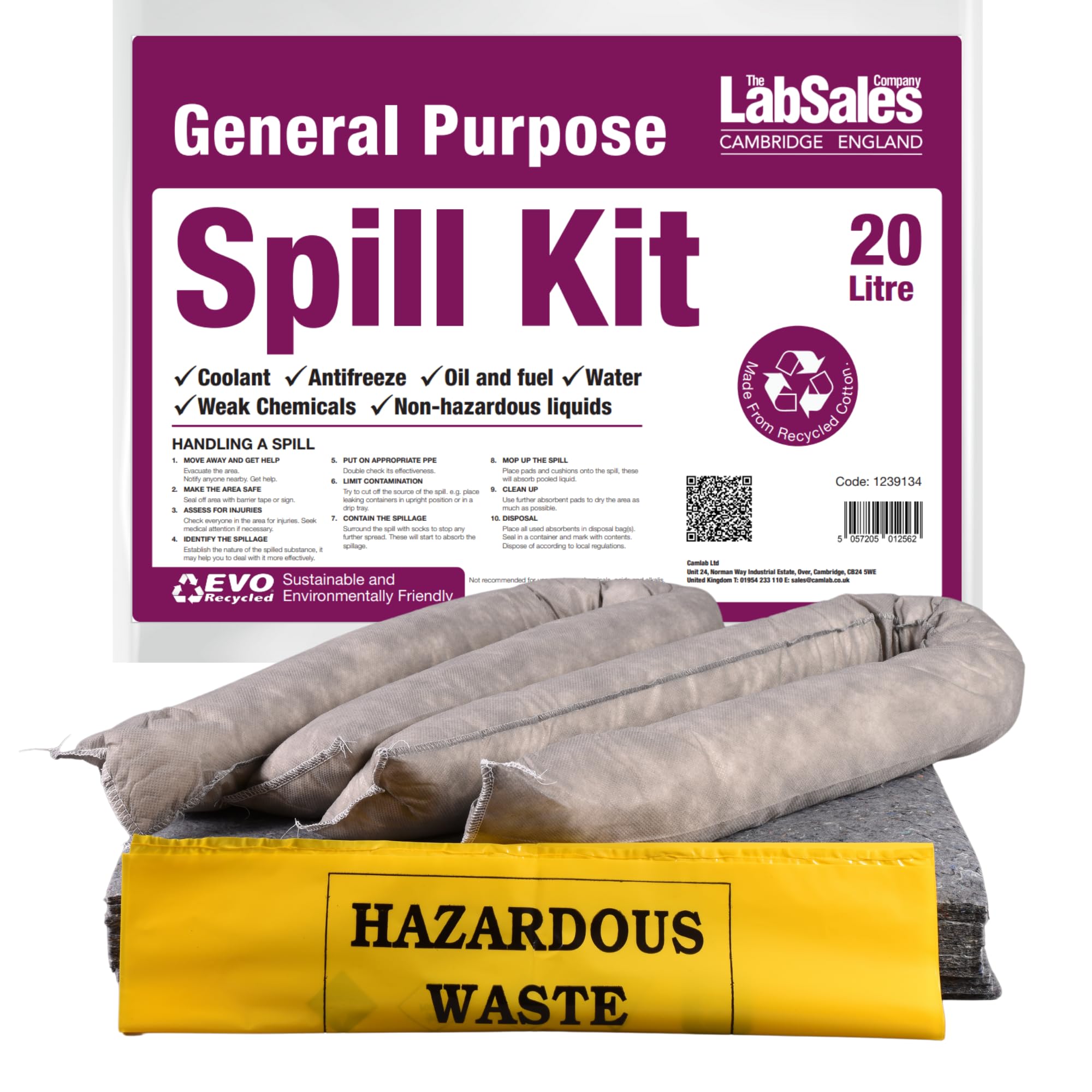 Labsales Kit de déversement écologique à usage général, tampons absorbants, chaussettes et sac d'élimination, pour huiles, carburant, peinture, graisse, eau et produits chimiques faibles, lot de 1 kit