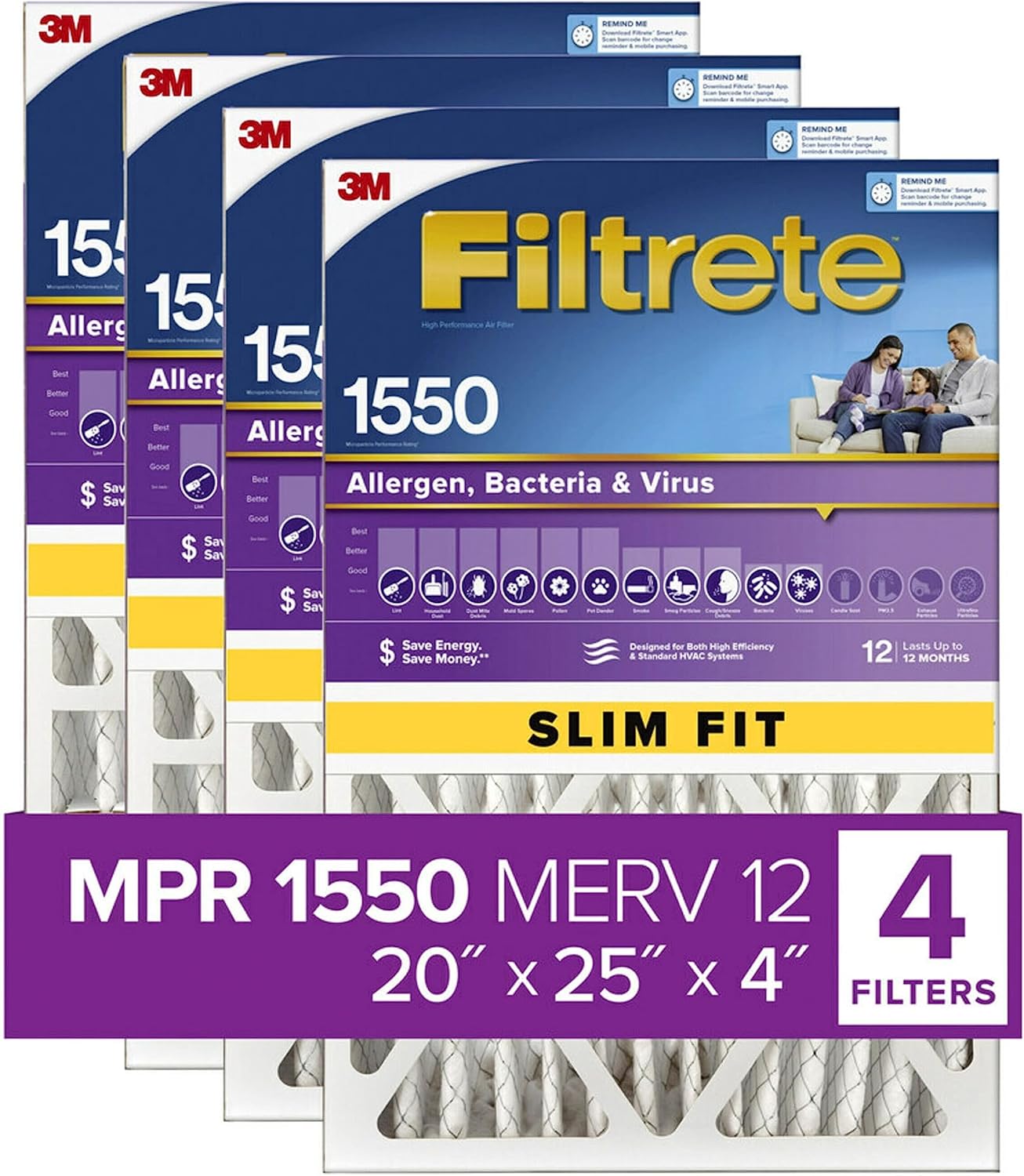 Filtrete 20x25x4(SlimFit), AC Furnace Air Filter, MPR 1550 DP, Healthy Living Ultra Allergen Deep Pleat, 3-Pack, Fits Lennox & Honeywell Devices (exact dimensions 19.5 x 24.5 x 3.75) 20x25x4(SlimFit) 3-Pack Air Filter