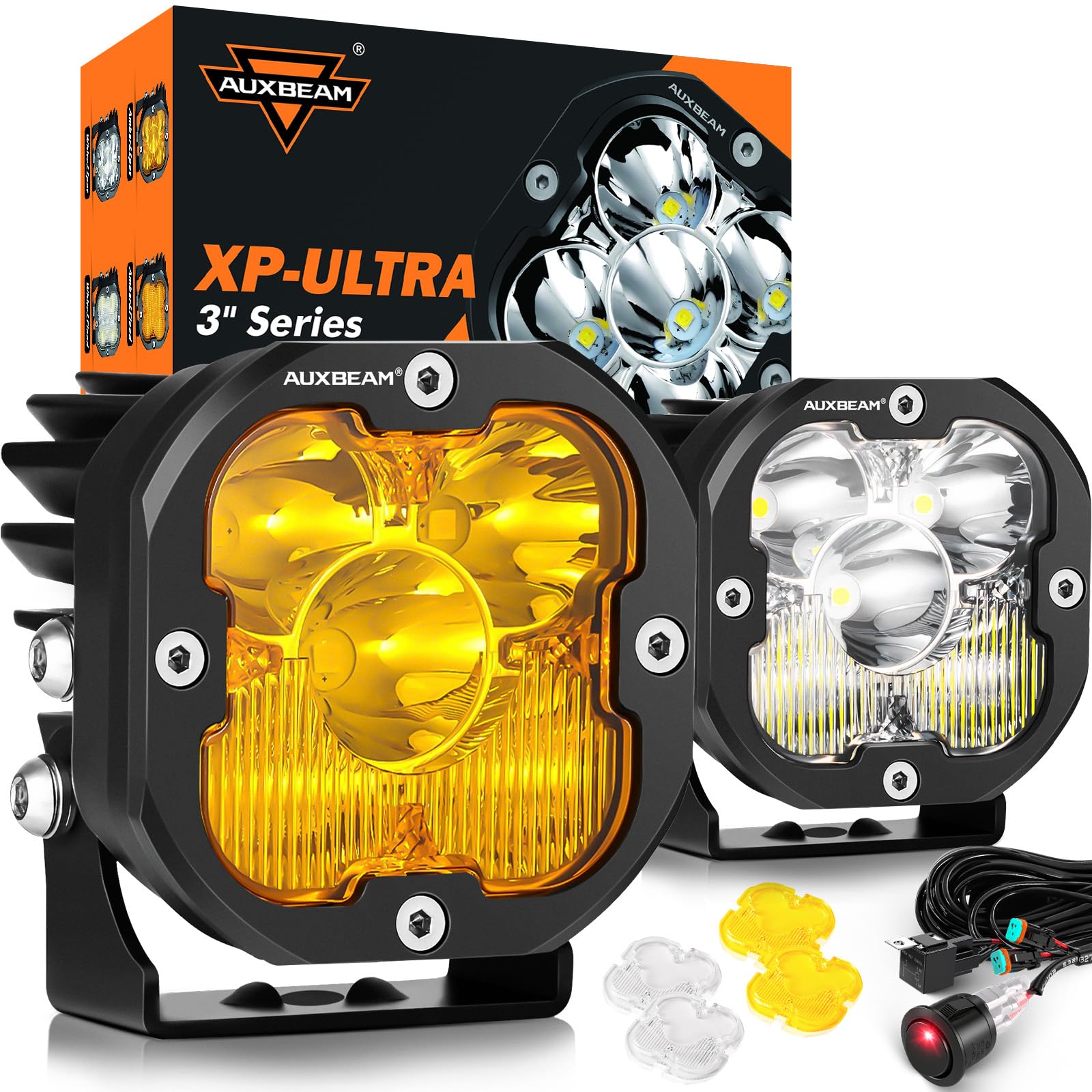 Auxbeam XP-Ultra Series 3Inch 80W Spot Flood Combo Ditch Lights, Far & Wide Amber White Cube Lights Offroad LED Bar, 9600LM Yellow Driving LED Pods with Light Covers, Pair